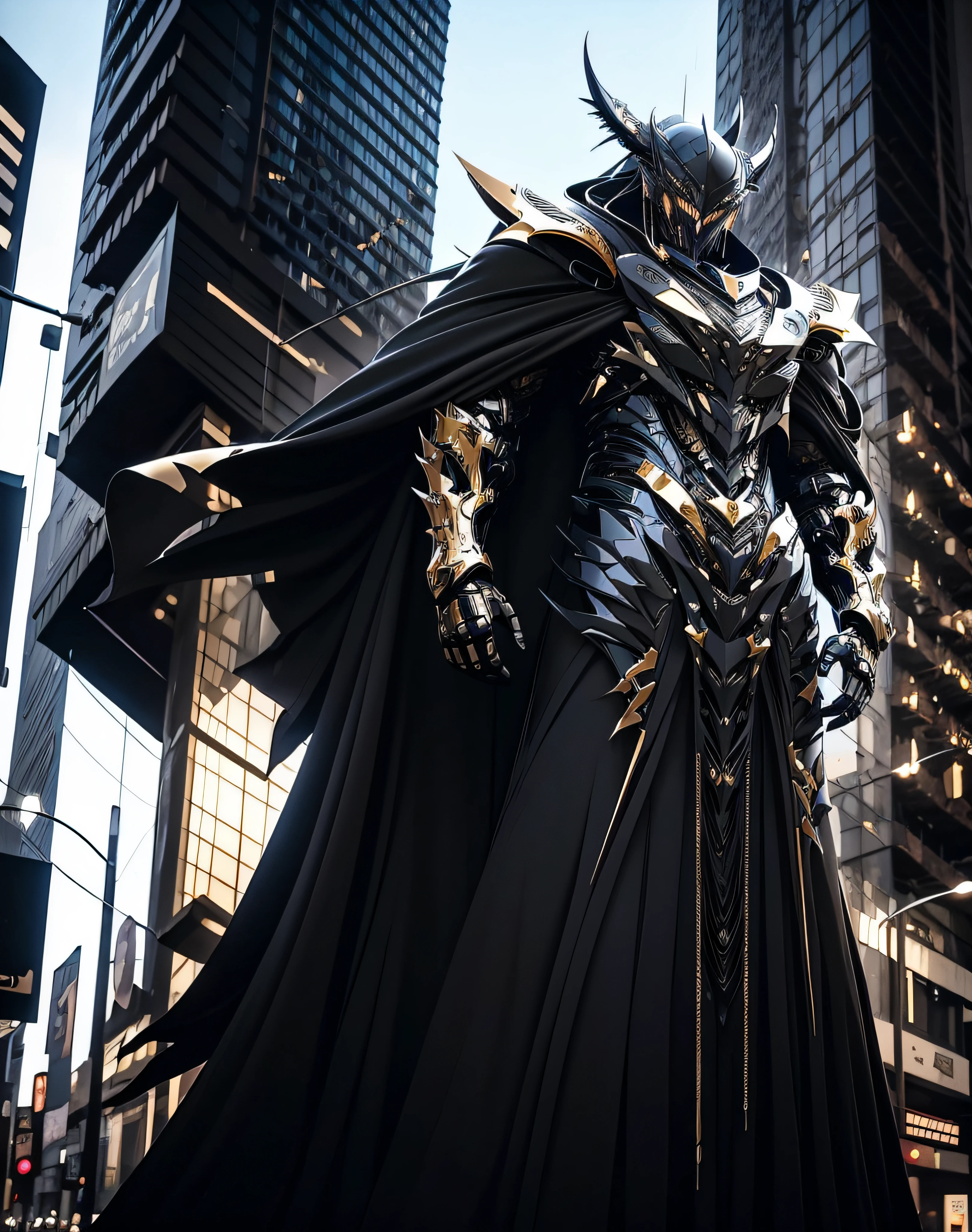 anime character with sword standing in front of a building, fallen knight, from arknights, gothic knight, evil knight, the style of wlop, fantasy knight, knight, royal emperor, dark souls knight, off-white plated armor, wearing heavy armor with cape, black heavy armor with gold trim, smooth anime cg art, artorias, glowing sword