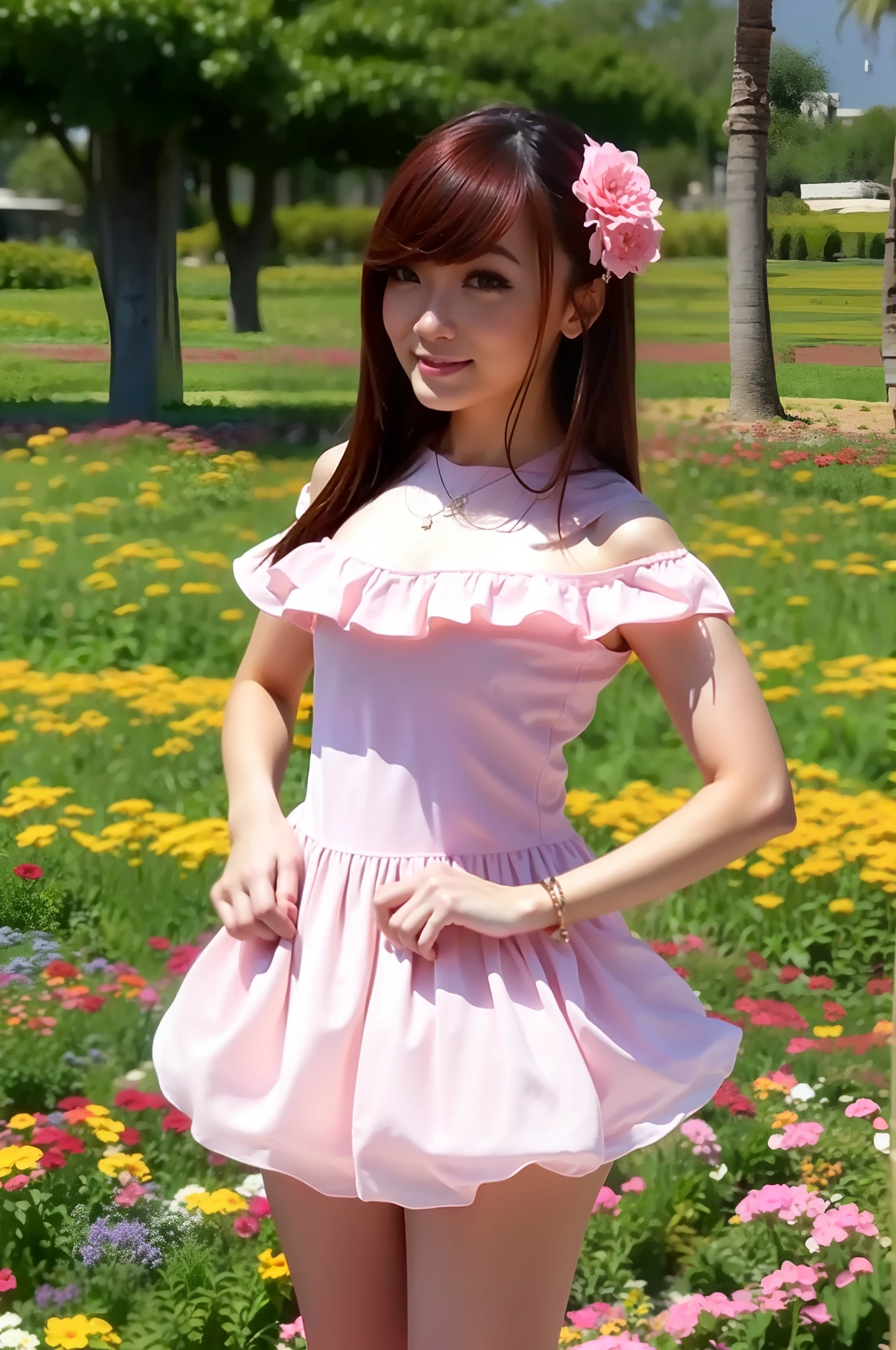 1female, beautiful face, standing feminine style, at the flower garden, wearing off-shoulder dress, miniskirt, upskirt, love earrings, long bangs hair, full body, close up, little smile, ultra high quality, Masterpiece
