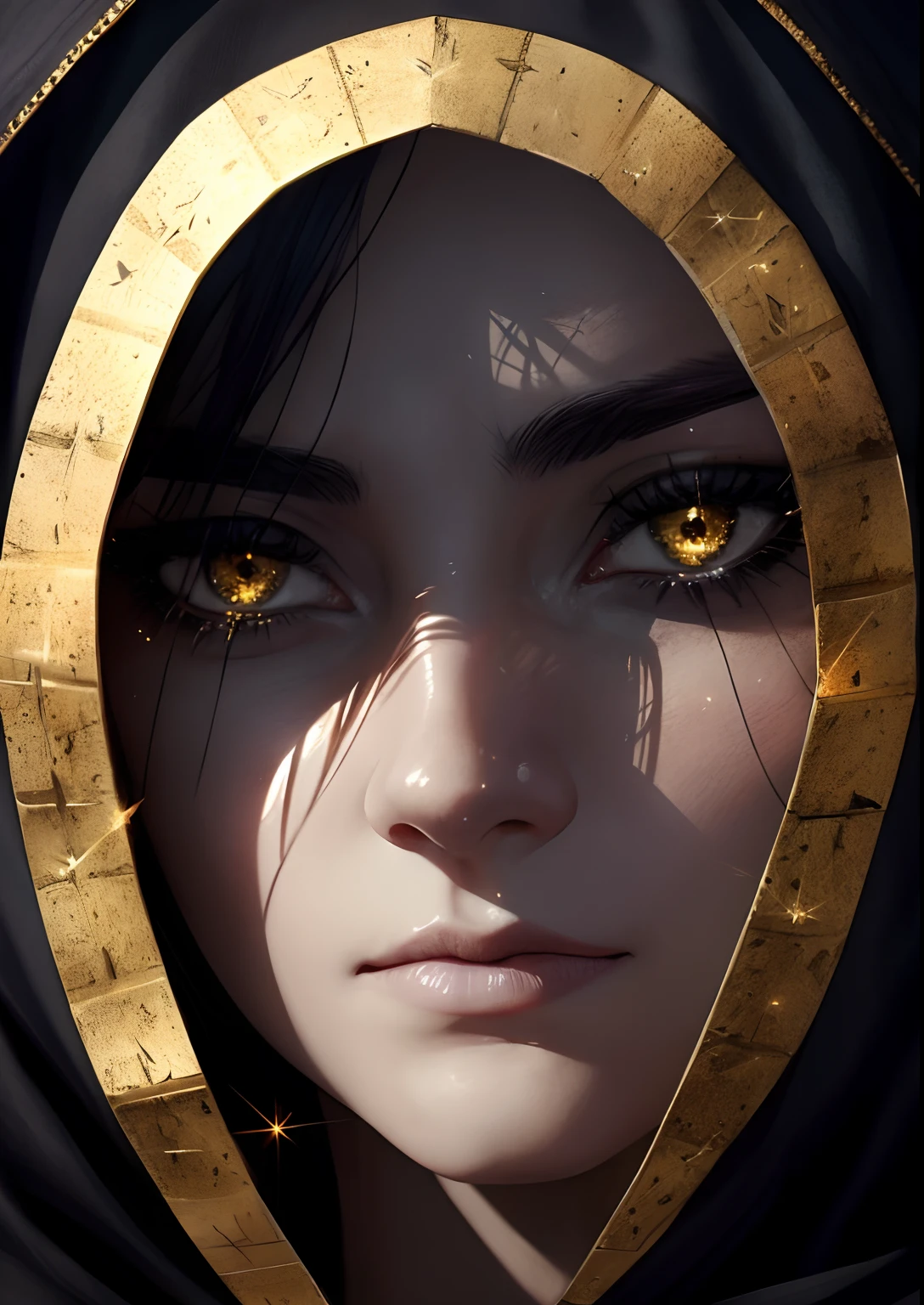 Epic close-up portrait,Woman's strong sinister eyes,Framed with a faded old, tattered white linen hood,reflecting golden sparks in the irises of the eyes,White eyebrows,is in night,dramatic lighting,hight contrast,Highest definition,ultra-realistic realism,ultra-realistic realism,realisticlying,A high resolution,HDR photography,8k