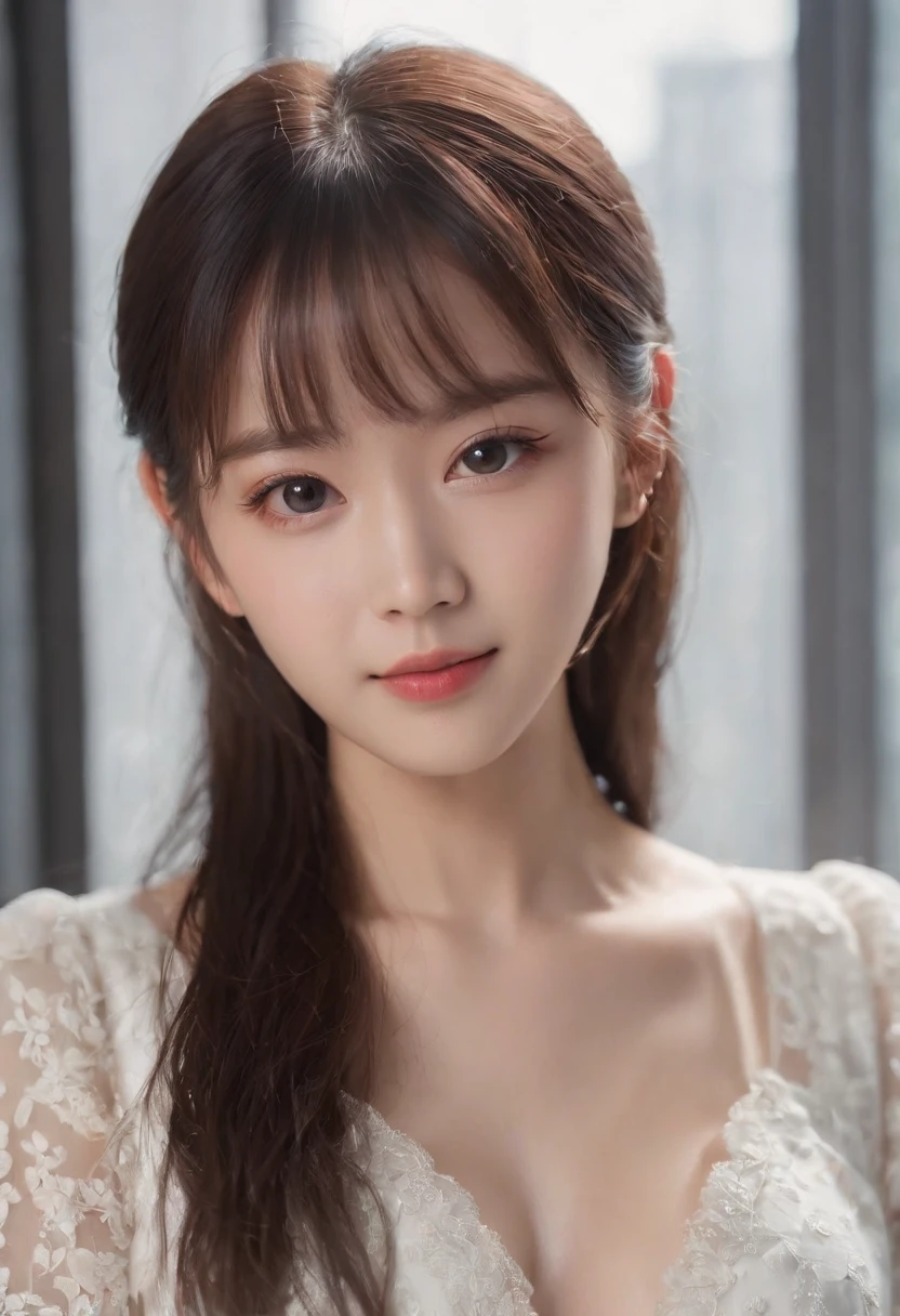 top-quality, Photorealsitic, masterpiece, 8K, Hi-Res, 独奏, 1girl, (((infp young woman))),sixteen years old、full bodyesbian、(small tits), ((Look at viewers)), (look at a camera), ((Various hairstyles close to long))、Perfect straight black hair、((With bangs))、 (profetional lighting), Highly detailed bright face、Gentle Japan girl、lovely smile、Small cleavage、White dress(long-sleeve)、Standing in the room