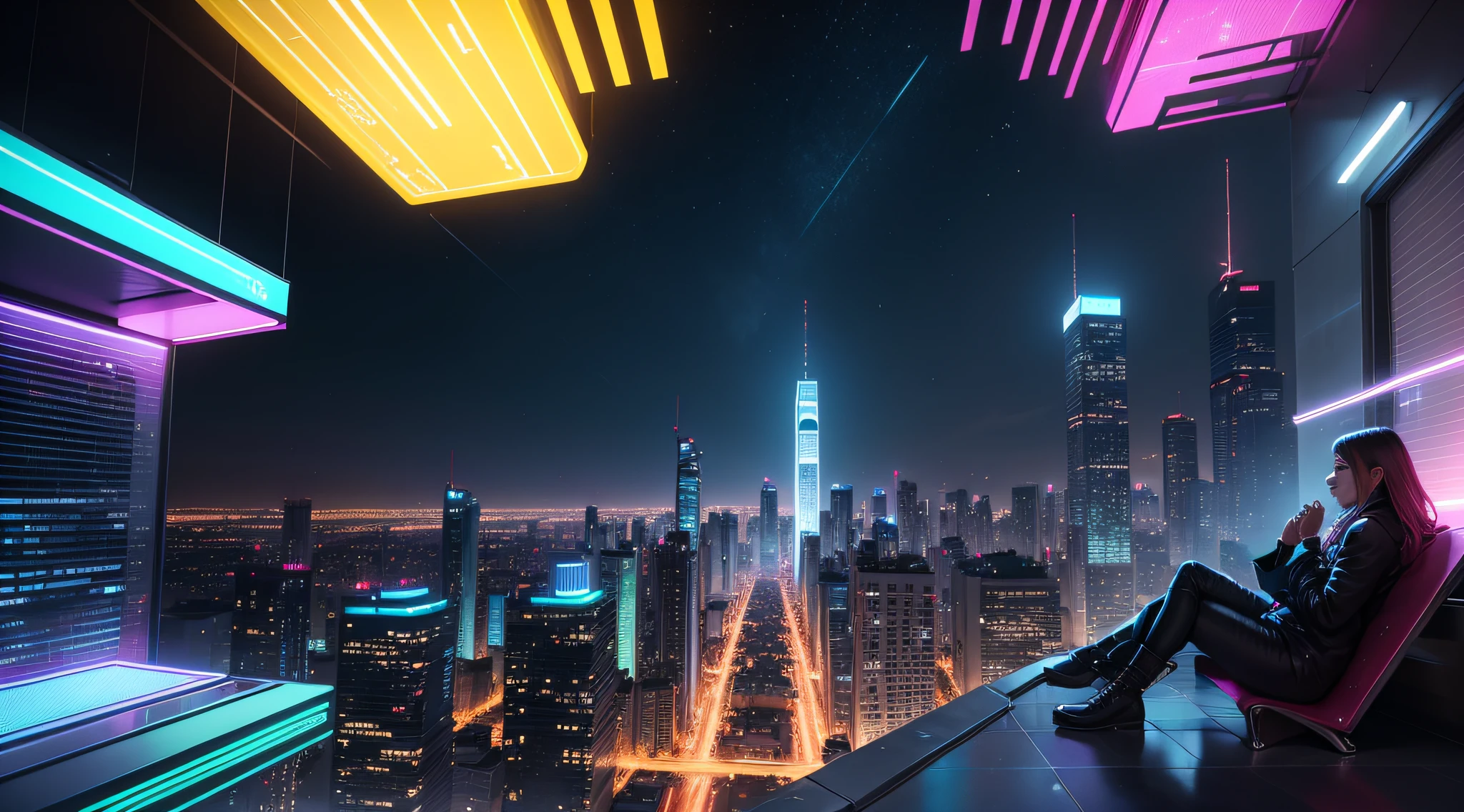 /imagine prompt: Welcome to the city of tomorrow, uma paisagem urbana que parece ter surgido diretamente de um sonho futurista. Ao se aproximar, You are greeted by a bright horizon that stretches as far as the eye can see. Proudly erected skyscrapers are shrouded in shimmering glass and metal facades adorned with a myriad of neon lights drawing hypnotic patterns. in the nighttime, The city becomes a spectacle of light and color. The neon signs on the facades of the buildings flash and glow in all the colors of the rainbow, creating an electric palette reflected in the busy streets. Flying cars soar through the skies on glittering runways, deixando rastros luminosos em seu rastro, enquanto drones zumbem suavemente acima, transportando mercadorias de um ponto a outro. As ruas ficam lotadas de gente, todas vestidas com trajes modernos e estilosos. Pedestrians are illuminated by interactive sidewalks that react to their footsteps, creating a sparkling effect under your feet. As people move, Neon panels on sidewalks display ephemeral messages, greetings and interactive announcements. The buildings themselves are true architectural masterpieces. Terraced gardens, Hanging stairs and glass bridges connect the buildings, creating a complex network that allows people to move easily from one building to another. Large glass domes extend over outdoor meeting areas, Protecting the city's inhabitants from adverse weather conditions, while offering stunning panoramic views of the bright skyline. in the nighttime, The terraces of the buildings turn into lively meeting points with bars and restaurants offering spectacular views of the city while the stars shine in the sky. Electronic music echoes through the streets, criando uma trilha sonora pulsante que envolve todos na cidade futurista. Em resumo, The city of tomorrow is a stunning vision of a futuristic world where architecture daars