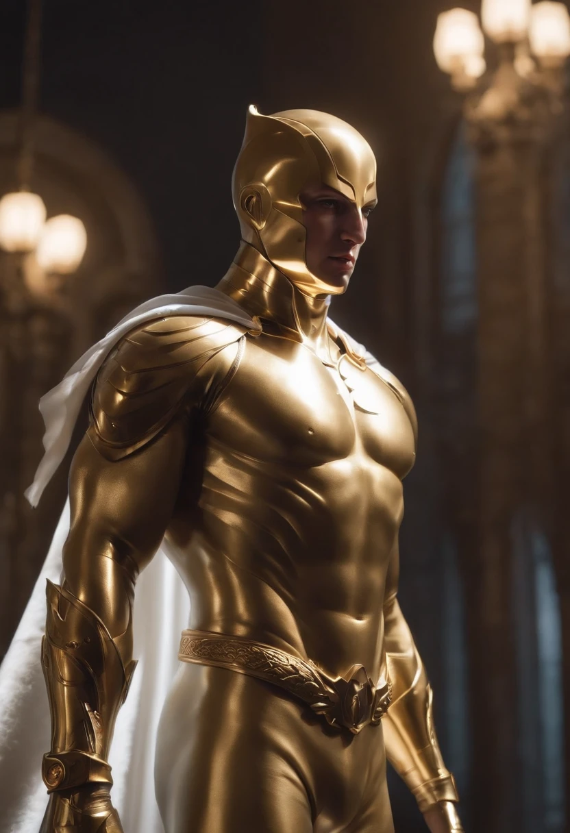 《one-punch man》The protagonist of Saitama,full body shot of,Gold Saint Seiya Holy Vestment, no mask on, White cape, looking at center camera, Perfectcomposition, beautiful detailed intricate insanely detailed octane render trending on artstation, 8 k artistic photography, Arte conceptual fotorrealista, soft natural volumetric cinematic perfect light, Chiaroscuro, an award winning photograph, Masterpiece, oil on the canvas, raffael, Caravaggio, greg rutkovsky, beeple, beksinski, Giger, trending on artstationh, Sharp focus, studio photo, Intricate details, Highly detailed, night city on the background, by Greg Rutkowski