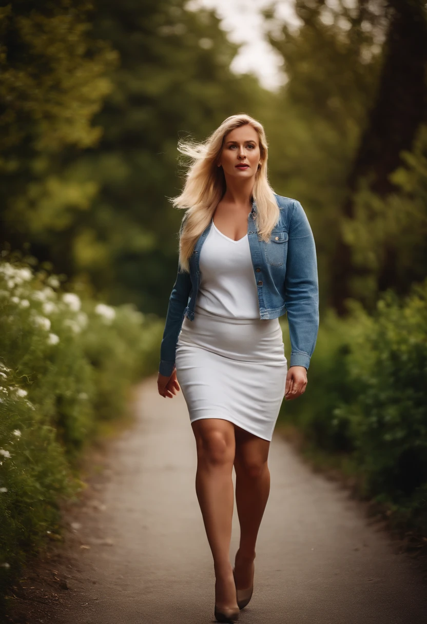 A 30-year-old woman with blonde hair with a huge belly in a tight denim skirt in high heels and a white long-sleeved shirt on a walk