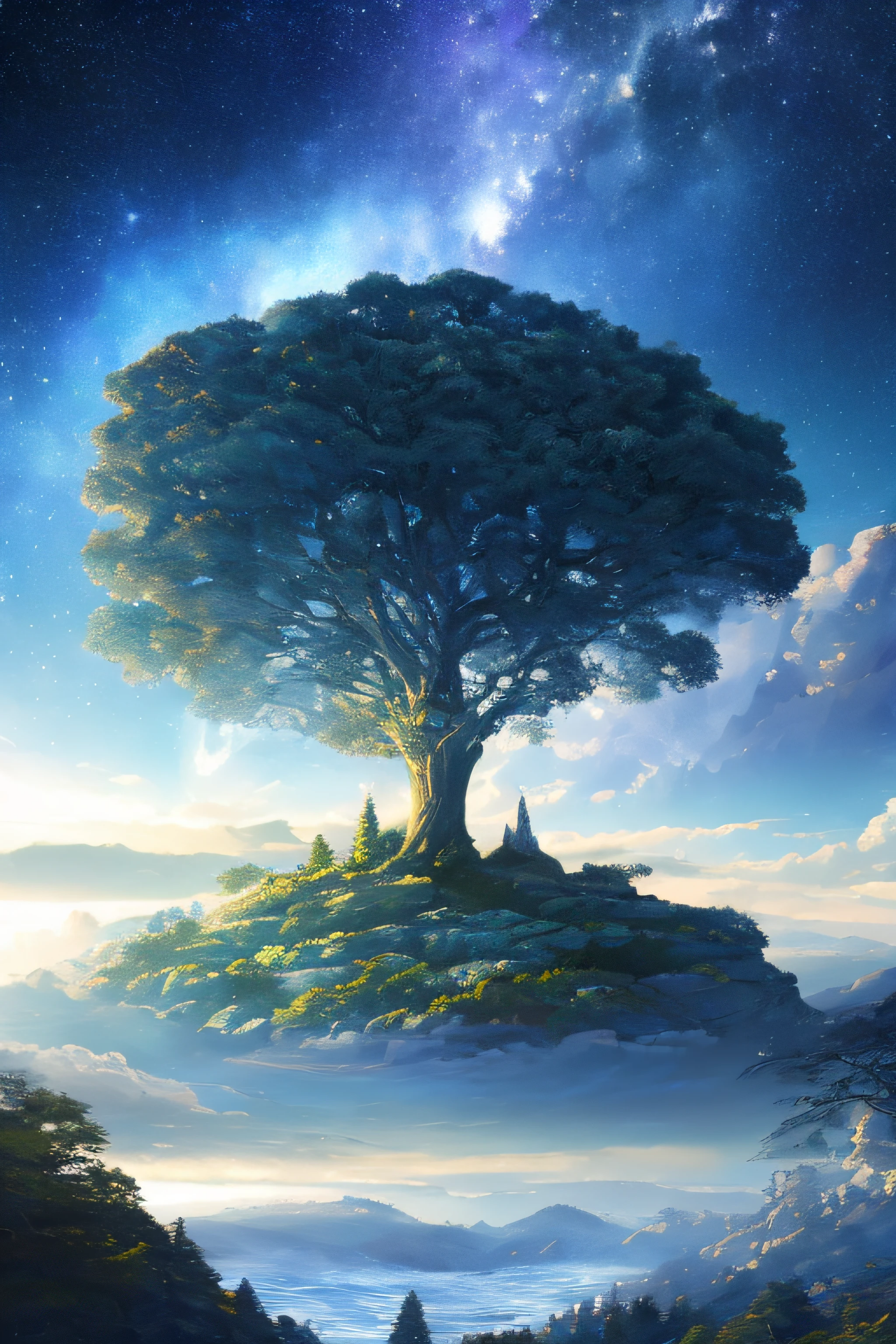 Illustration of a hyperrealistic , otherworldly, ultrasky scene featuring a giant crystal tree full body,very detailed and magical lighting, intricate forest details, vegetation and river around, solarpunk ,landscape, giant tree, beatifull leafy with beautiful lighting and realistic proportions, as if it were a cinematic background, 8k, highest quality, masterpiece, clouds and stars in the sky.