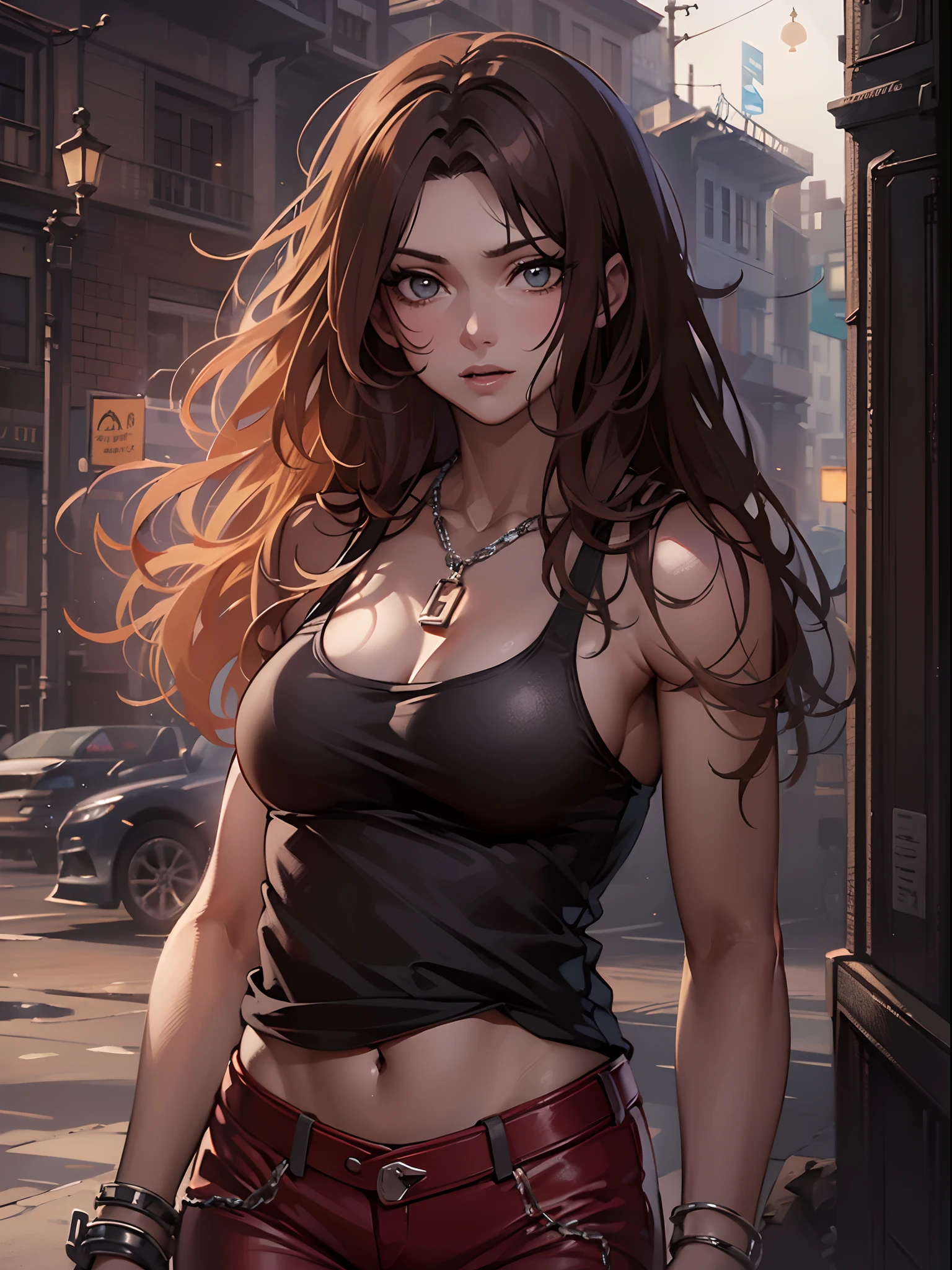 ((The chest is super huge, Long hair, small head)), Daylight, Sunlight, (well-defined abs: 1.1), (Perfect body: 1.1), (short wavy hair: 1.2), Russet Hair, chain, Full body photo, Shabby street, wearing a black tank top,  ((Red leather pants)), (Very detailed CG 8k wallpaper), (Extremely delicate and beautiful), (masutepiece), (Best Quality: 1.0), (Hyper-Resolution: 1.0), Beautiful lighting, Perfect Lightning, Realistic Shadows, [High resolution], detailed skins, ultra-detailliert