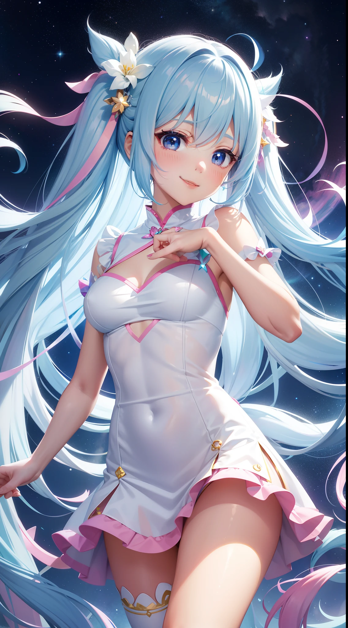 Super Idol a beauty girl A charming smile sky blue hair length hair Twin-tailed Bright pink and white see-through outfit Mystical Fantasia constellation a moon Crystal Brilliance Aurora Borealis in the Night Sky