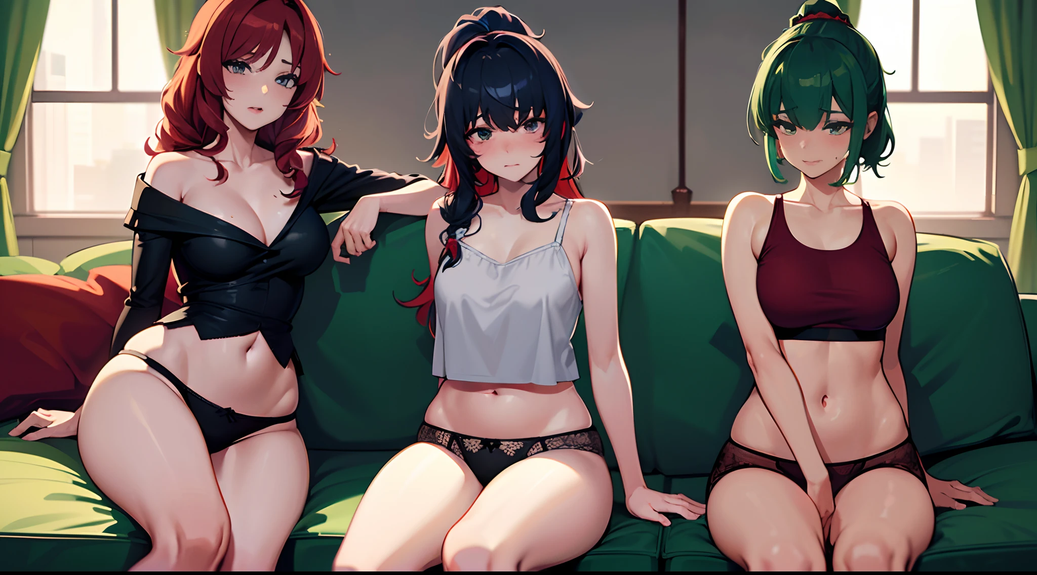 masterpiece, lots of detail, 4k, 8k, ((ultra-detailed)), highres, soft lighting, 2girls, underwear, sofa, embarrassed, {red hair|green hair|black hair|blue hair}, {ponytail|short hair|long hair|curly hair}