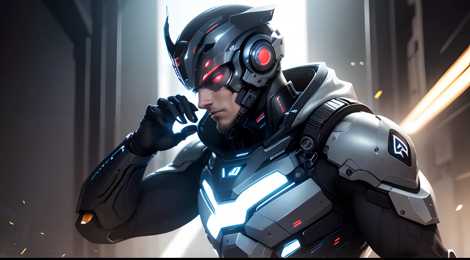 "A man half-human and half-machine. Transhumanism, Style: Symbiosis of Modern and Sacred Art, Lighting: Contrasting light to emphasize duality, Colors: Harmonious blend of futuristic and traditional hues, Composition: Utilize a 16k resolution to capture every detail and ensure the background accentuates the central theme and overall aesthetic of the cover. --ar 16:9 --v 5.1 --style raw --q 2 --s 750