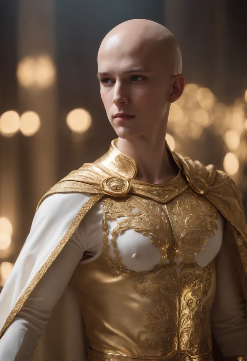 《one-punch man》The protagonist of Saitama，full body shot of，Gold Saint Seiya Gold Holy Vestment, Aries holy robe，no mask on, White cape, looking at center camera, Perfectcomposition, beautiful detailed intricate insanely detailed octane render trending on artstation, 8 k artistic photography, Arte conceptual fotorrealista, soft natural volumetric cinematic perfect light, Chiaroscuro, an award winning photograph, Masterpiece, oil on the canvas, raffael, Caravaggio, greg rutkovsky, beeple, beksinski, Giger, trending on artstationh, Sharp focus, studio photo, Intricate details, Highly detailed, night city on the background, by Greg Rutkowski