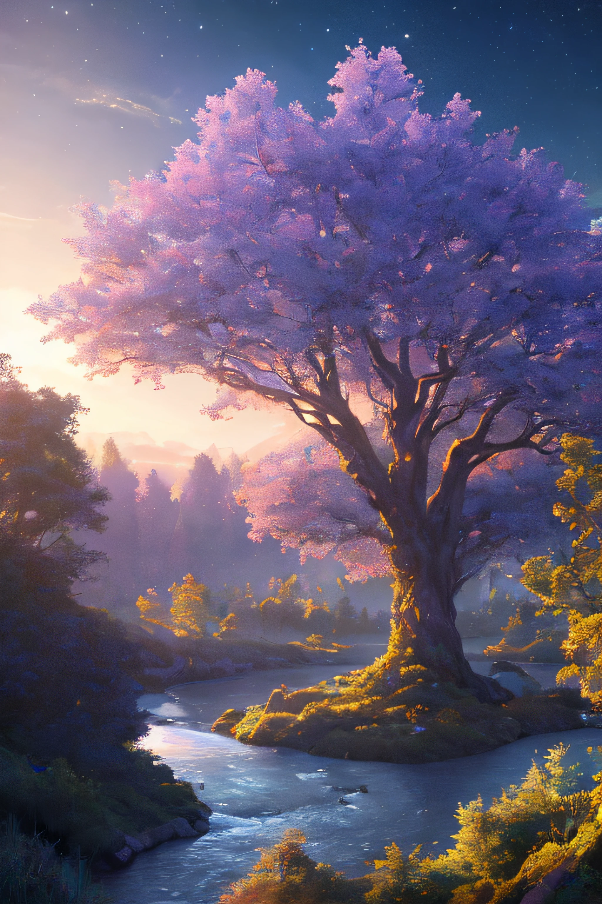 Illustration of a hyperrealistic , otherworldly, ultrasky scene featuring a giant crystal tree full body,very detailed and magical lighting, intricate forest details, vegetation and river around, solarpunk ,landscape, giant tree, beatifull leafy with beautiful lighting and realistic proportions, as if it were a cinematic background, 8k, highest quality, masterpiece, clouds and stars in the sky.