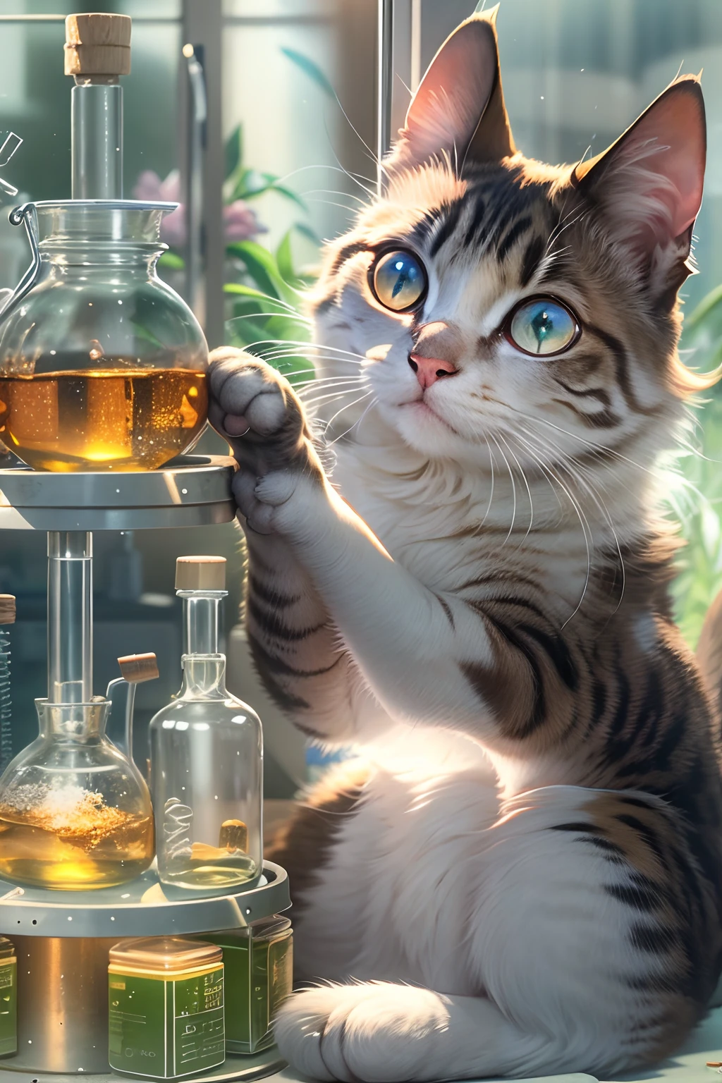 A round-eyed cat holds a test tube and watches, in laboratory, Test tube rack, Glass cabinet, pharmaceuticals, Sunlight outside the window,