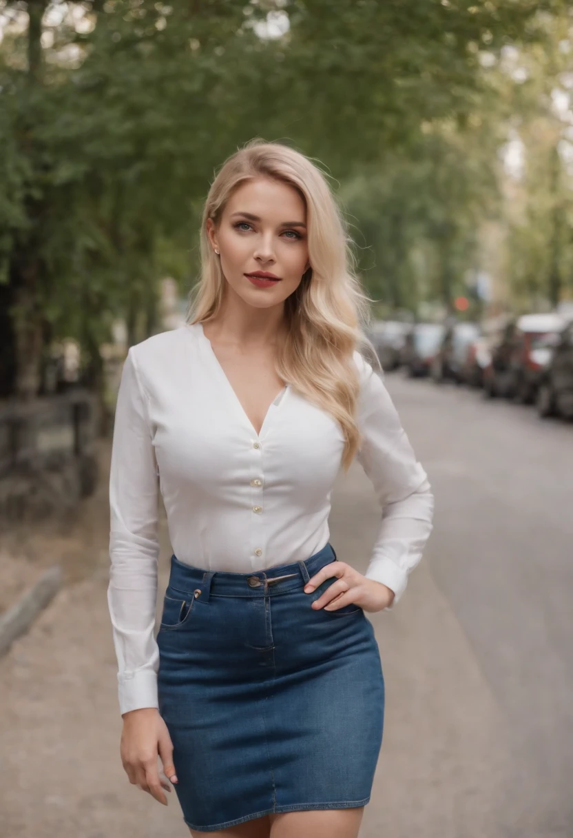 A 30-year-old woman with blonde hair with a big belly in a tight denim skirt in high heels and a white long-sleeved shirt on a walk