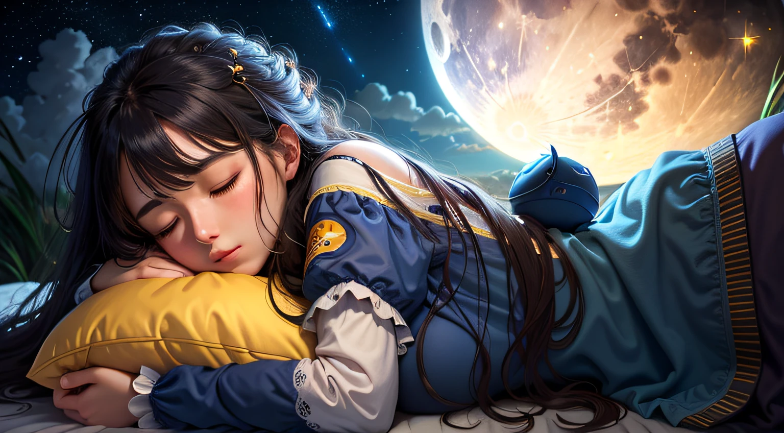 masterpiece, best quality, night, hill, clouds, full moon, long hair, woman sleeping on mattress hugging pillow, silhouette, fireflies,diaphragm.