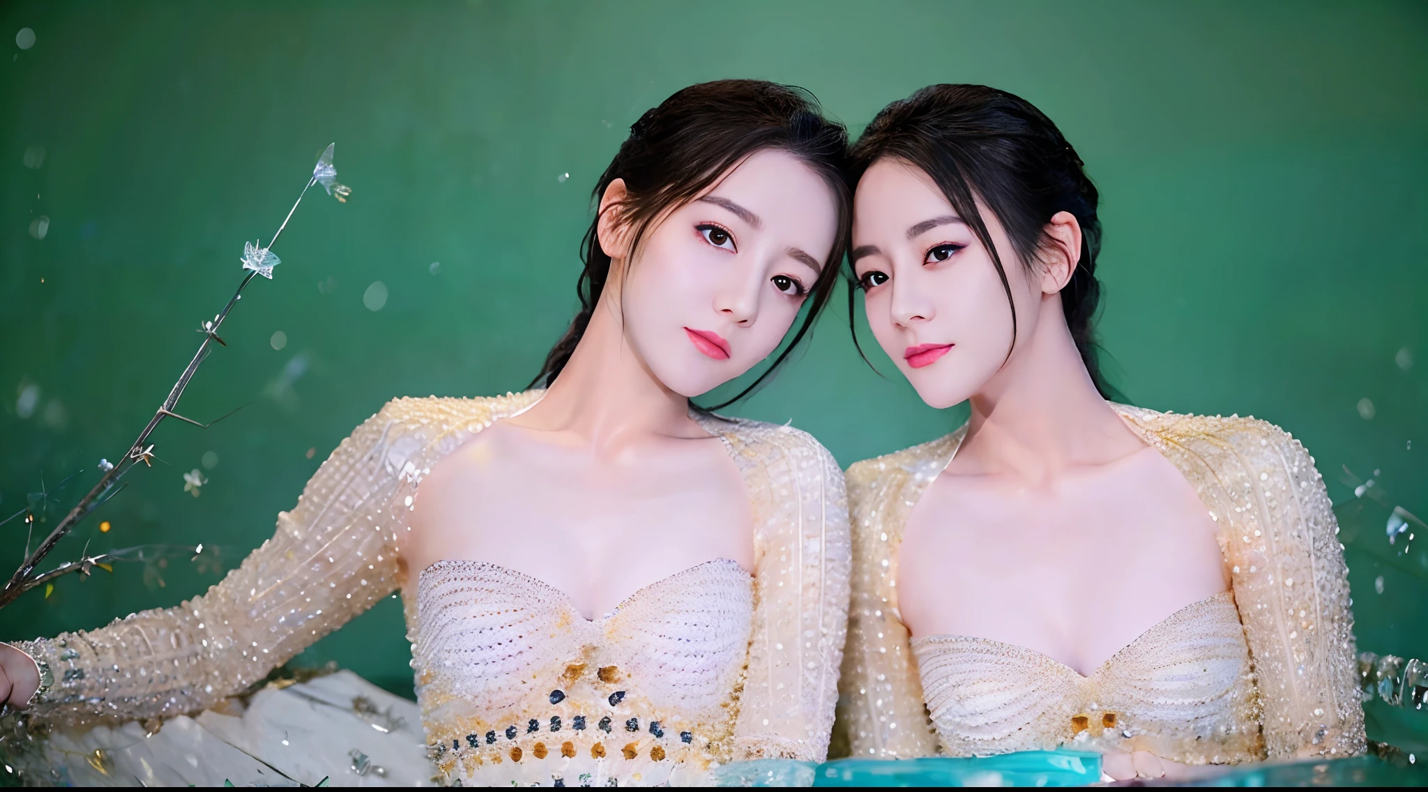 2 beautiful girls, in a hot spring, (Full body like:1.4), detailed and accurate depth of fields,8K, A high resolution, masterpiece, beautiful wallpapers, high quality, high detail, the perfect face, butterfly, dragonfly, crystallineAI, fractal art, forest, winter, school ribbon, naked
