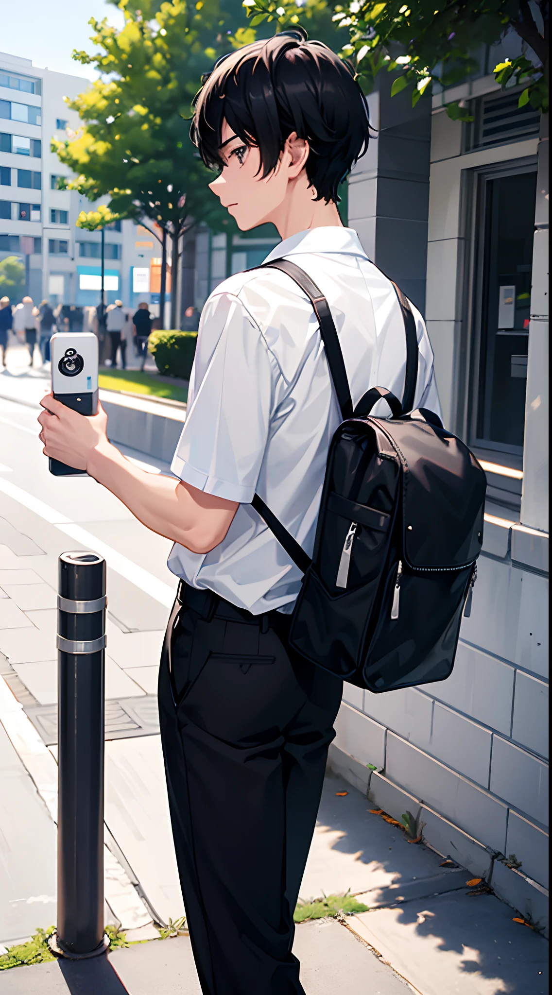 1 boy 19 years old, black hair, from the behind, show shoulder, back view, white school shirt, black khaki pants, neat clothes, tuck in shirt, carry a black student backpack on shoulder, outside campus, late afternoon, there are a lot of people of the road, extremely detailed, best graphics, 8k, ultrasharp, masterpiece