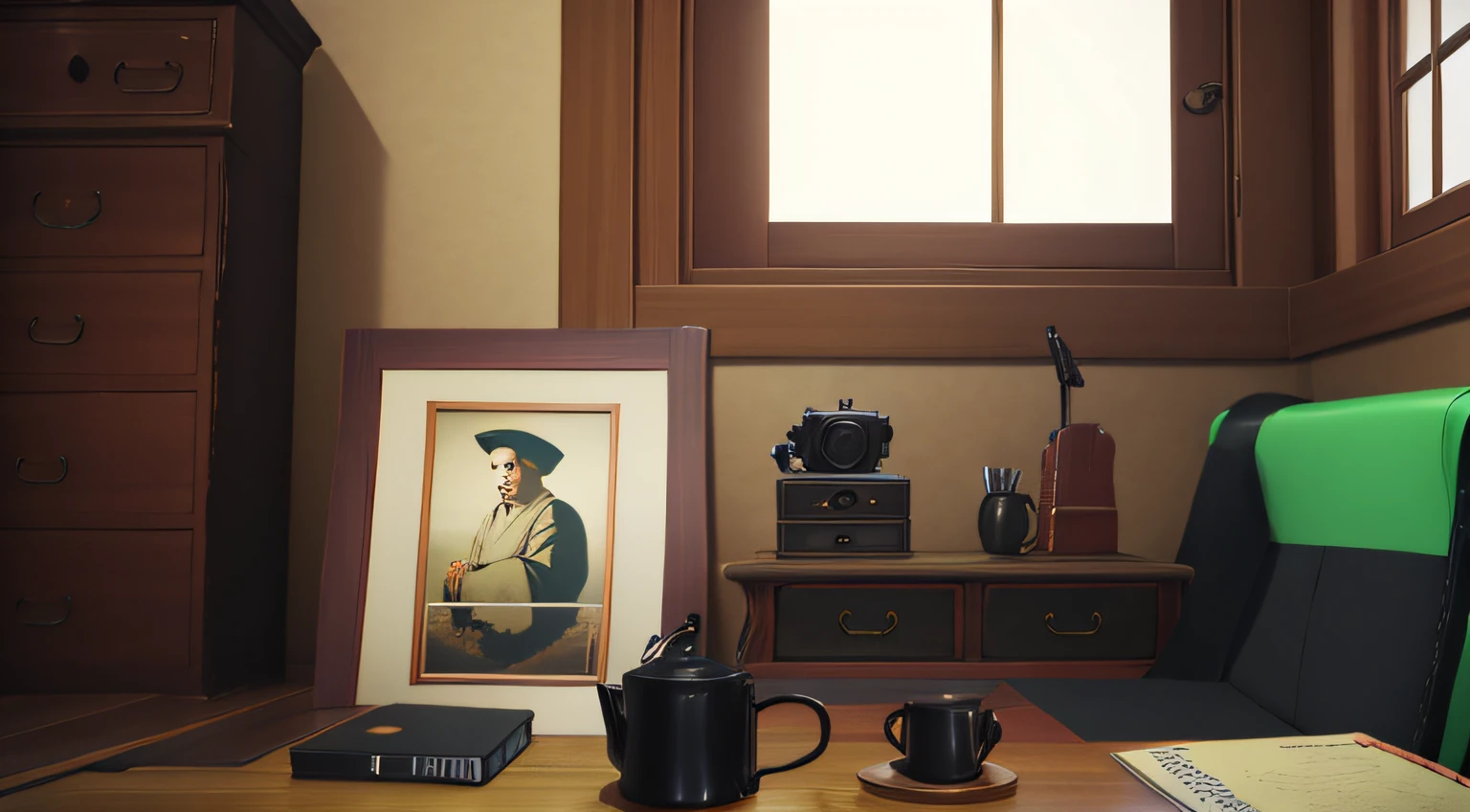 old fashion trinkest, photos, items on table