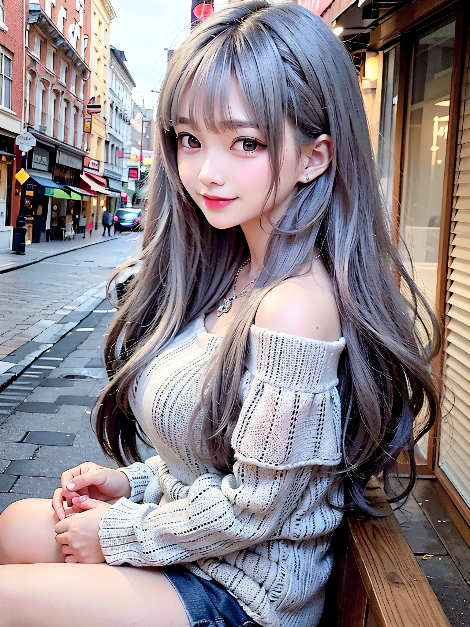 (surrealistic), (illustratio), (hight resolution), (8k picture), (ighly detailed), (The best illustrations), (beatiful detailed eyes), (top-quality), (ultra-detailliert), (masterpiece), (wall-paper), (详细的脸), 独奏, 1girl in, Gray wavy hair、Off-the-shoulder clothing、huge smile、Blushing cheeks、bangss、Colossal tits、Constriction of the lower back、skinny thigh、small ass、Beautiful bangs、Look at your audience、a necklace、耳Nipple Ring、Watching from above、main street、Sit up、