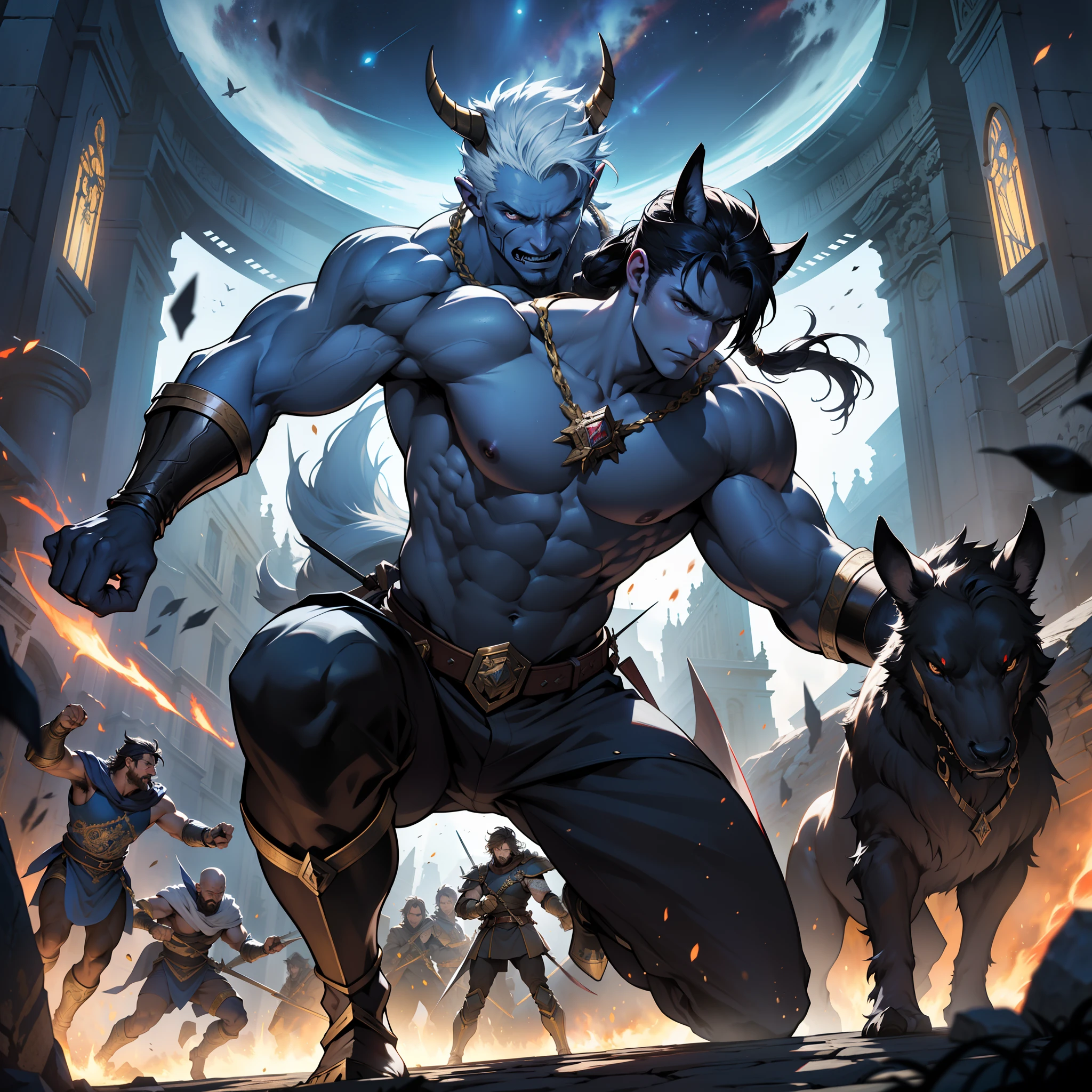 (masterpiece, top quality: 1.2), super detailed, cinematic lighting, HDR, dancing blue-faced Kongo, Blue face Kongo, full body, blue skin, four arms, eyes on the forehead, holding a three-pronged halberd, Falun, rope, based on two demons under your feet, with two children and four demon gods on both sides, impressive, fun, dynamic pose, dynamic angle,