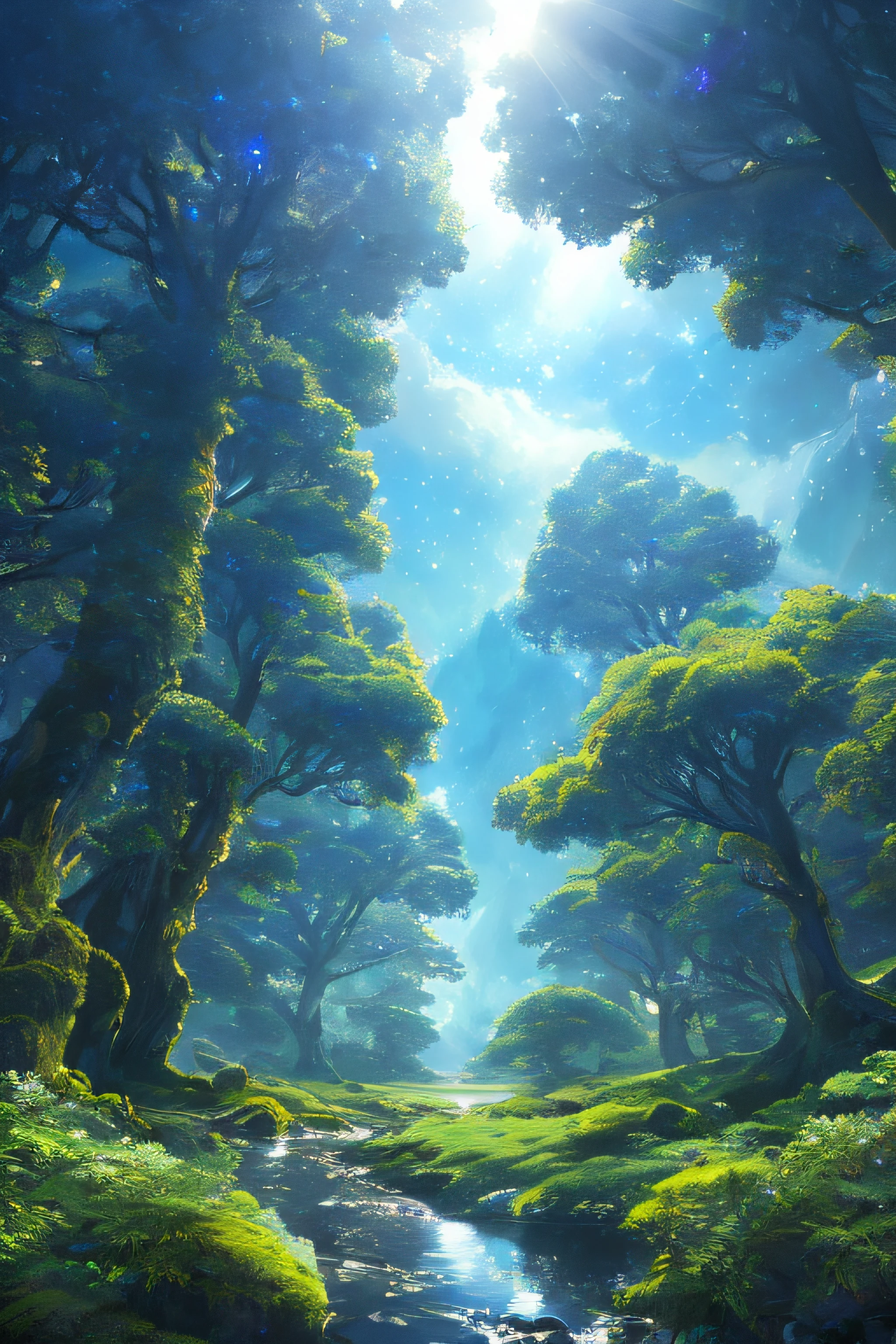 Illustration of a hyperrealistic , otherworldly, ultrasky scene featuring a giant crystal tree full body,very detailed and magical lighting, intricate forest details, vegetation and river around, solarpunk ,landscape, giant tree, beatifull leafy with beautiful lighting and realistic proportions, as if it were a cinematic background, 8k, highest quality, masterpiece, clouds and stars in the sky.