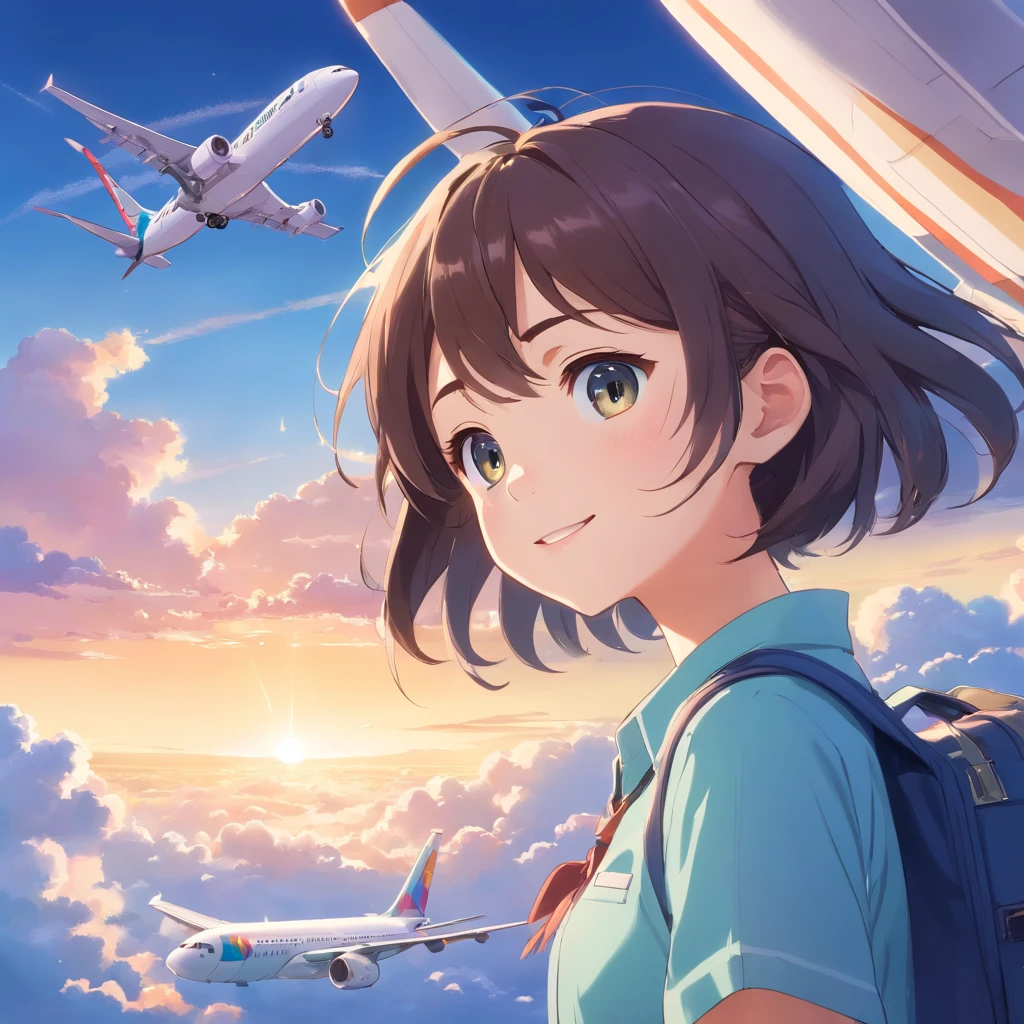 masterpiece、top-quality、Movie stills、2girls、Cloud Girl、Looking up at the airliner、Passenger aircraft、A dark-haired、1st grade elementary school student、A smile、a closeup、发光、Happiness、Warm and soft lighting、(Spark:0.7)