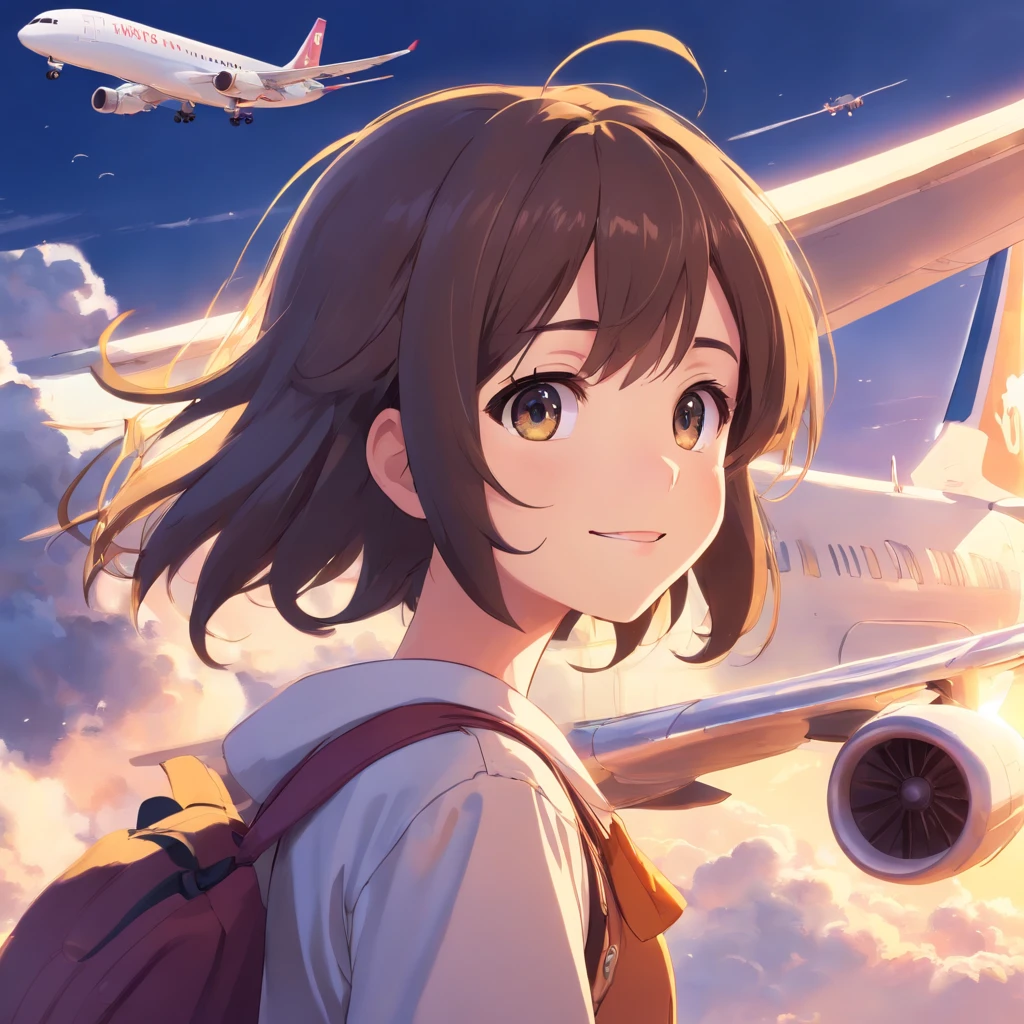 masterpiece、top-quality、Movie stills、2girls、Cloud Girl、Looking up at the airliner、Passenger aircraft、A dark-haired、、A smile、a closeup、发光、Happiness、Warm and soft lighting、(Spark:0.7)