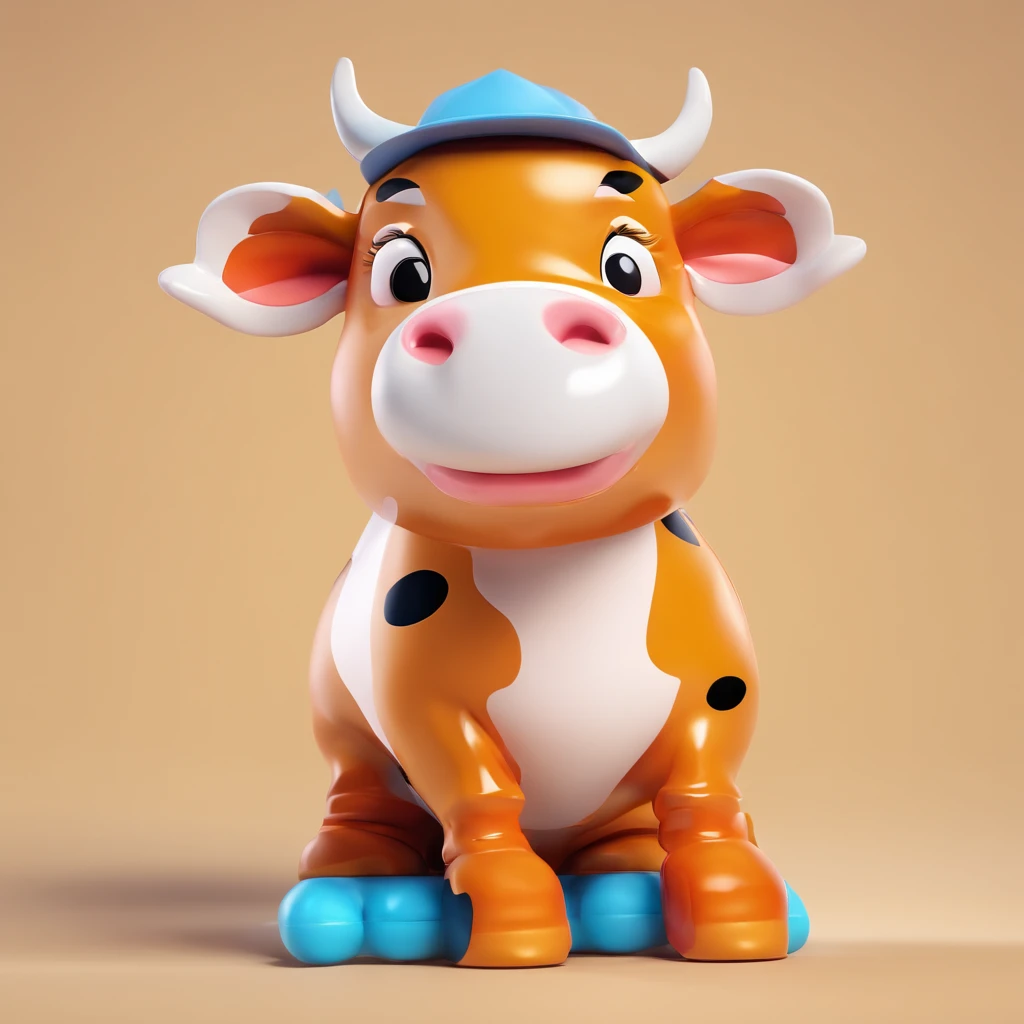 Cow in hat standing, a blind box toy, Glossy and delicate,Clean background, Good gloss, 3D rendering of,Best quality