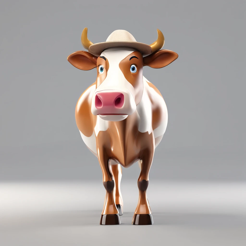 Cow in hat standing, a  box toy, Glossy and delicate,Clean background, Good gloss, 3D rendering of,Best quality