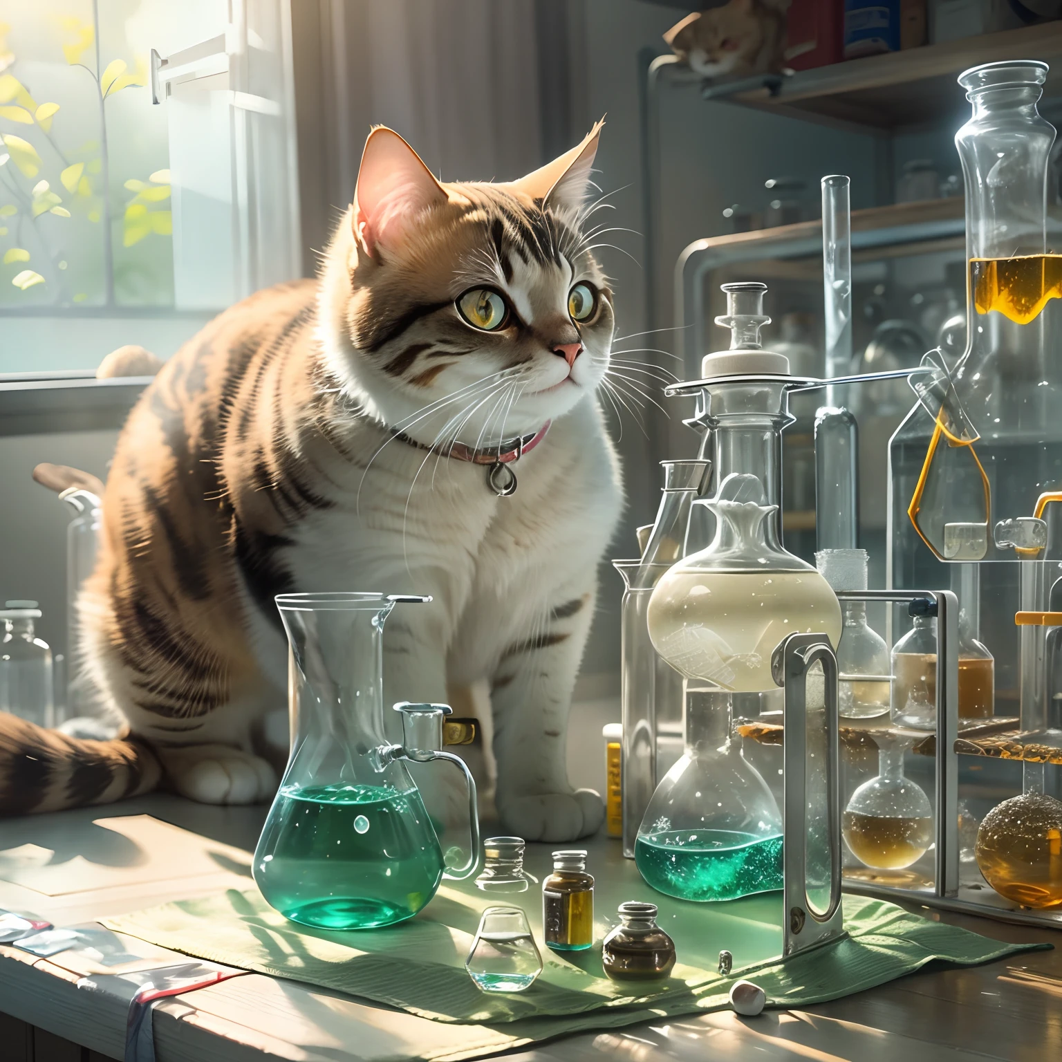 A round-eyed cat holds a round-bottom flask in a chemistry lab, There is a test tube rack on the front, The glass case has medicines, Sunlight outside the window,