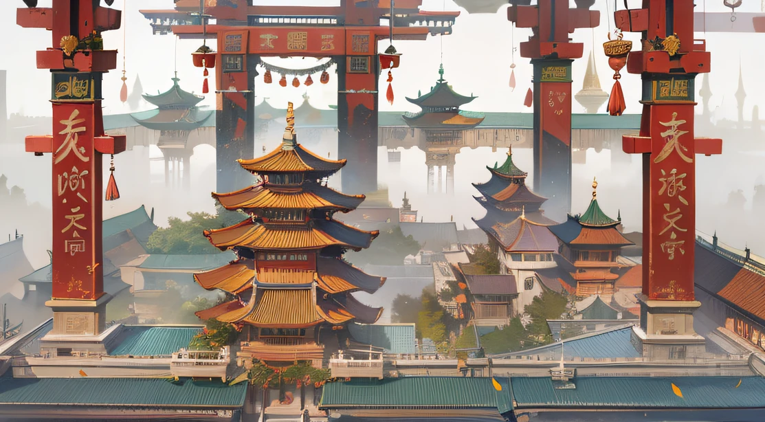 Dougong mortise and tenon structure city,morningglow，People come and go in the city, animation, Technology development，tmasterpiece, Better quality, Still photography, Fantasy fairy tale international prosperity ancient temple，The ancient temple complex has a large number of Confucian mortise and tenon、Mortise and tenon structure，A huge bronze bell flies over the top of the mountain，Visibility is particularly high，depth of fields, thin fog，Smoke billowed out，Telephoto lens for long-range shooting，Bucket arch mortise and tenon structure，Inverted building，unfathomed，People come and go in the city，Something went wrong，Telephoto lens for long-range shooting，Bucket arch mortise and tenon structure，Inverted building，unfathomed