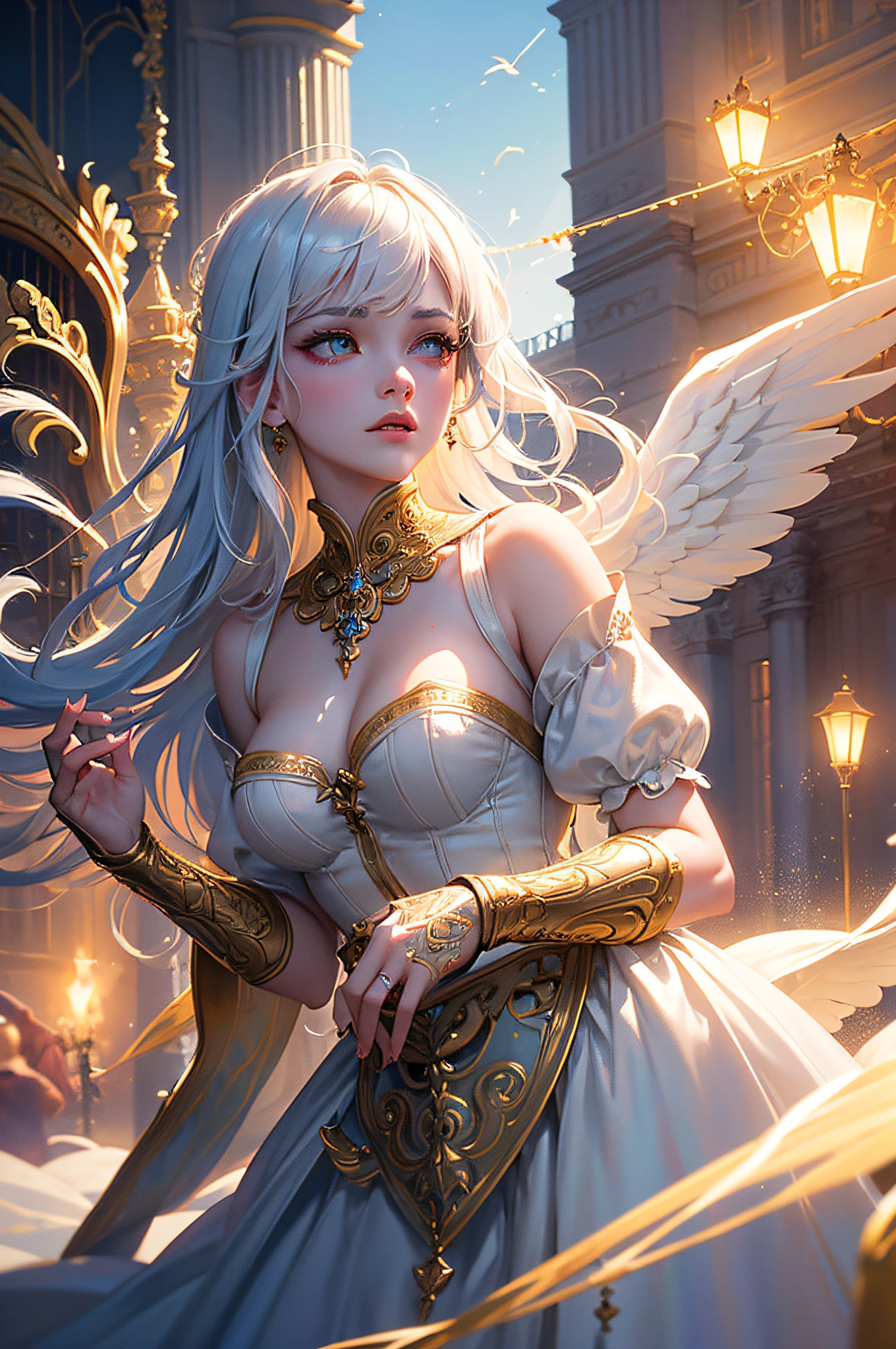 (Masterpiece:1.2), best quality, (illustration:1.2), ornate decorations,(Masterfully crafted Glow, lens flare), (ultra-detailed), hyper details, (delicate detailed), (intricate details), (cinematic light, best quality Backlights),(bioluminescent hair), (glowing eyes), (Dynamic:1.2), ((makeup)), absolutely eye-catching, prehistoric,((colourful paint splashes on background, dulux,)), ((caustic)), dynamic angle, (Captivating),(Intricately Detailed Cinematic :1.1), ambient occlusion, ambient light, ray-traced reflections,(best illumination, an extremely delicate and beautiful), ((cinematic light)), colourful, powerful, (Cinematic masterpiece),big dreamy eyes, perfect proportions, perfectly drawn face, Albedo, white hair, chains, comfortable, Intense, day, Golden sky, Inticing, illustration, Angels everywhere, yellow eyes, red roses, chains, splashes of colour, smooth soft skin, Golden Hour, atmospheric, Park, Fields, Bullets, Breath-taking, ambient light coming from sky, soft warm glow coming from chains, god rays, halo, beautiful intricate coloured hair, symmetrical, soft lighting, , concept art, digital painting, looking into scenery, realistic reflections, tracers everywhere