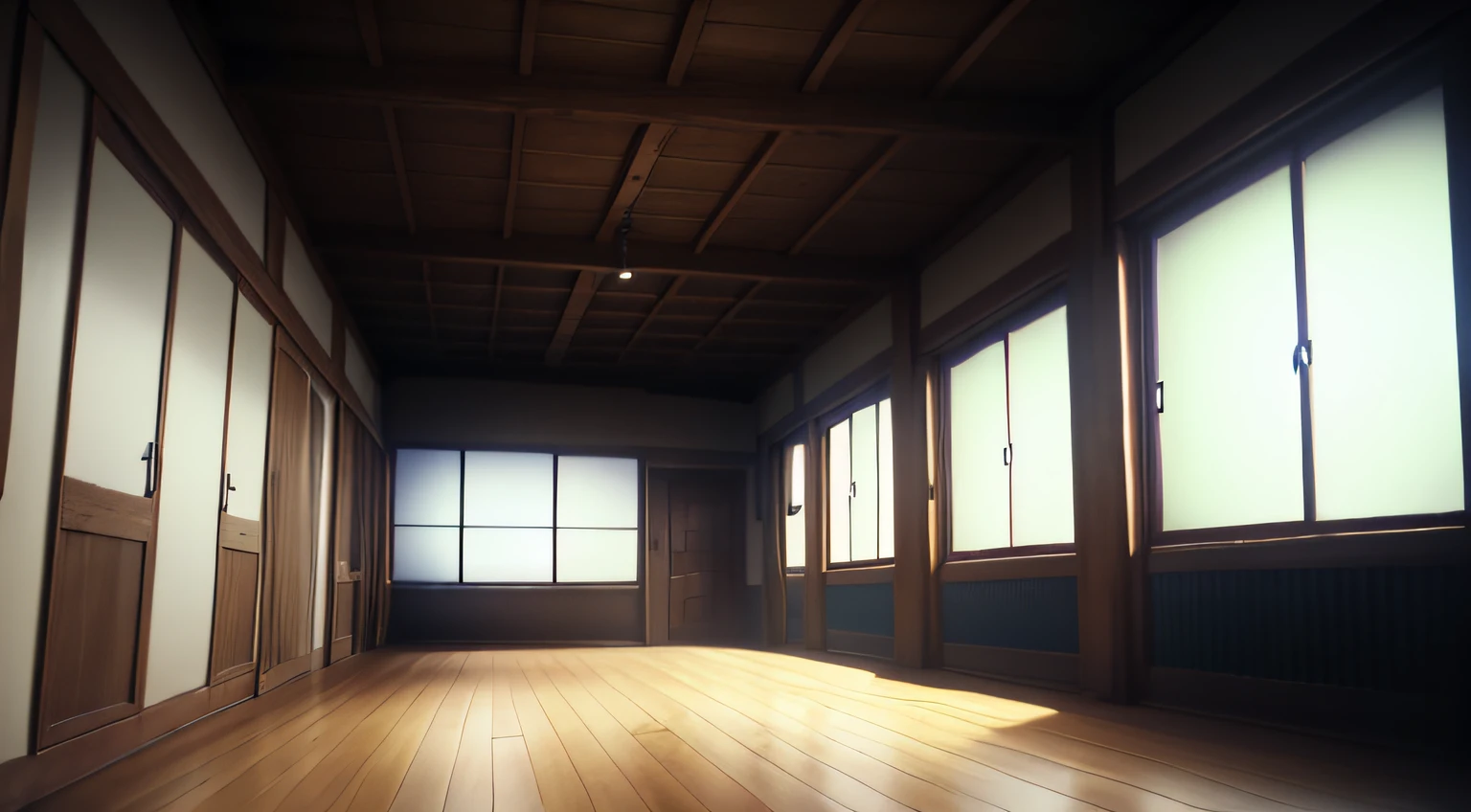 old fashion corridor, in house, during night, moonlight going through the windows, empty walls, wooden floors