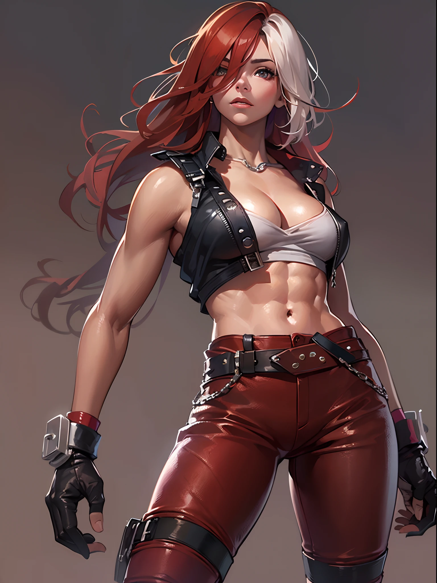 ((supermassive bust:1.5)), Long hair, small head, Daylight, Sunlight, (well-defined abs: 1.1), (Perfect body: 1.1), (short wavy hair: 1.2), Russet Hair, chain, Full body photo, Shabby street, wearing a black tank top,  ((Red leather pants)), (Very detailed CG 8k wallpaper), (Extremely delicate and beautiful), (masutepiece), (Best Quality: 1.0), (Hyper-Resolution: 1.0), Beautiful lighting, Perfect Lightning, Realistic Shadows, [High resolution], detailed skins, ultra-detailliert
