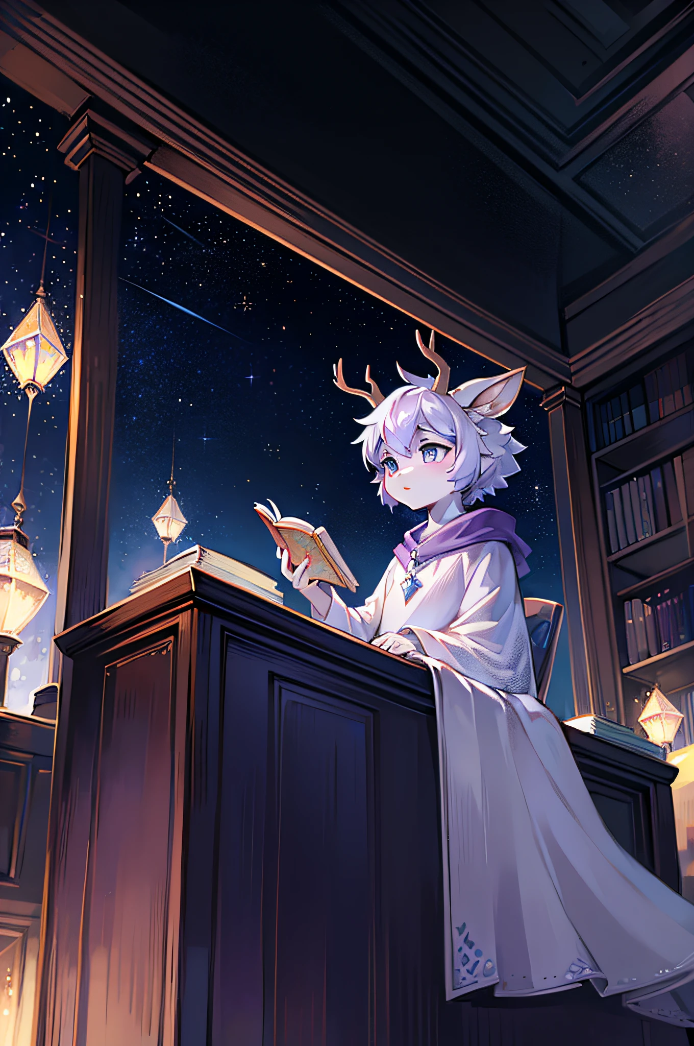 A white deer，White robe，Purple shawl，starrysky，As estrelas，nigth，Book in hand，basket，adolable，Beast too，Ambiguous gender，the pale blue sky，On the grass，Bright stars，deer antlers，Crystal pupils