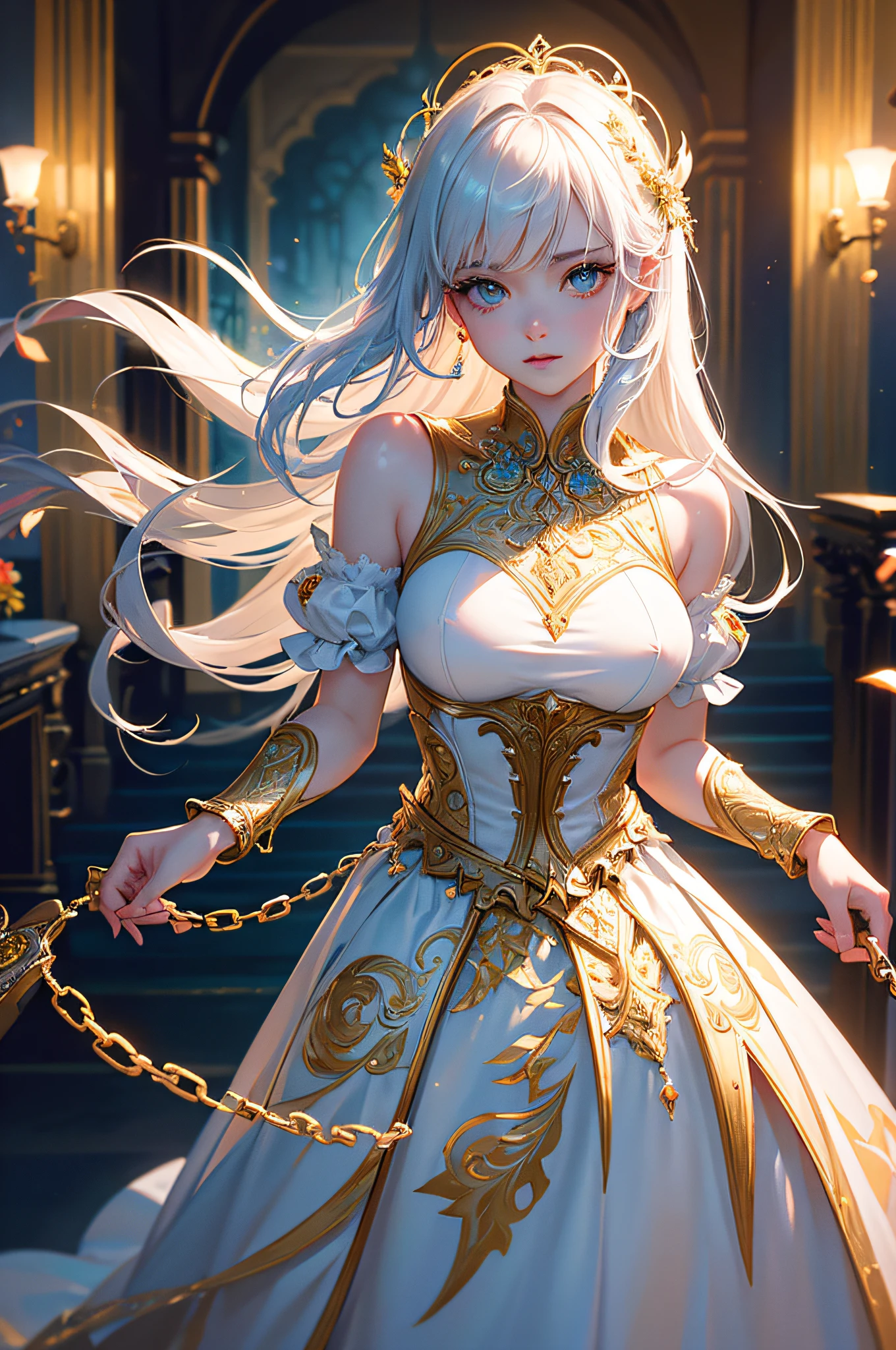 (Masterpiece:1.2), best quality, (illustration:1.2), ornate decorations,(Masterfully crafted Glow, lens flare), (ultra-detailed), hyper details, (delicate detailed), (intricate details), (cinematic light, best quality Backlights),(bioluminescent hair), (glowing eyes), (Dynamic:1.2), ((makeup)), absolutely eye-catching, prehistoric,((colourful paint splashes on background, dulux,)), ((caustic)), dynamic angle, (Captivating),(Intricately Detailed Cinematic :1.1), ambient occlusion, ambient light, ray-traced reflections,(best illumination, an extremely delicate and beautiful), ((cinematic light)), colourful, powerful, (Cinematic masterpiece),big dreamy eyes, perfect proportions, perfectly drawn face, Albedo, white hair, chains, comfortable, Intense, day, Golden sky, Inticing, illustration, Angels everywhere, yellow eyes, red roses, chains, splashes of colour, smooth soft skin, Golden Hour, atmospheric, Park, Fields, Bullets, Breath-taking, ambient light coming from sky, soft warm glow coming from chains, god rays, halo, beautiful intricate coloured hair, symmetrical, soft lighting, , concept art, digital painting, looking into scenery, realistic reflections, tracers everywhere