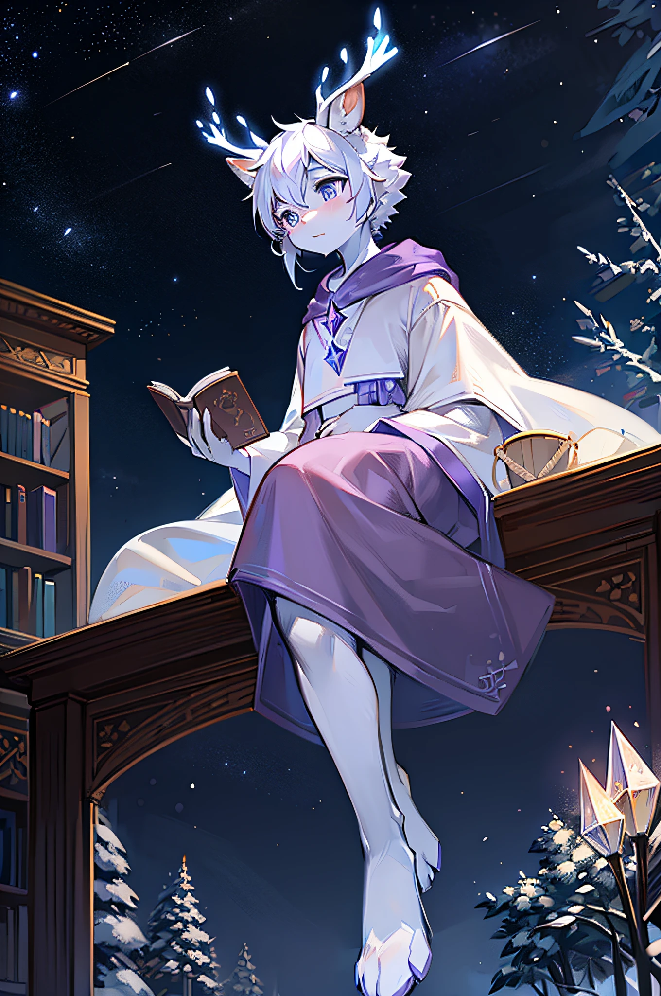 A white deer，White robe，Purple shawl，starrysky，As estrelas，nigth，Book in hand，basket，adolable，Beast too，Ambiguous gender，the pale blue sky，On the grass，Bright stars，deer antlers，Crystal pupils