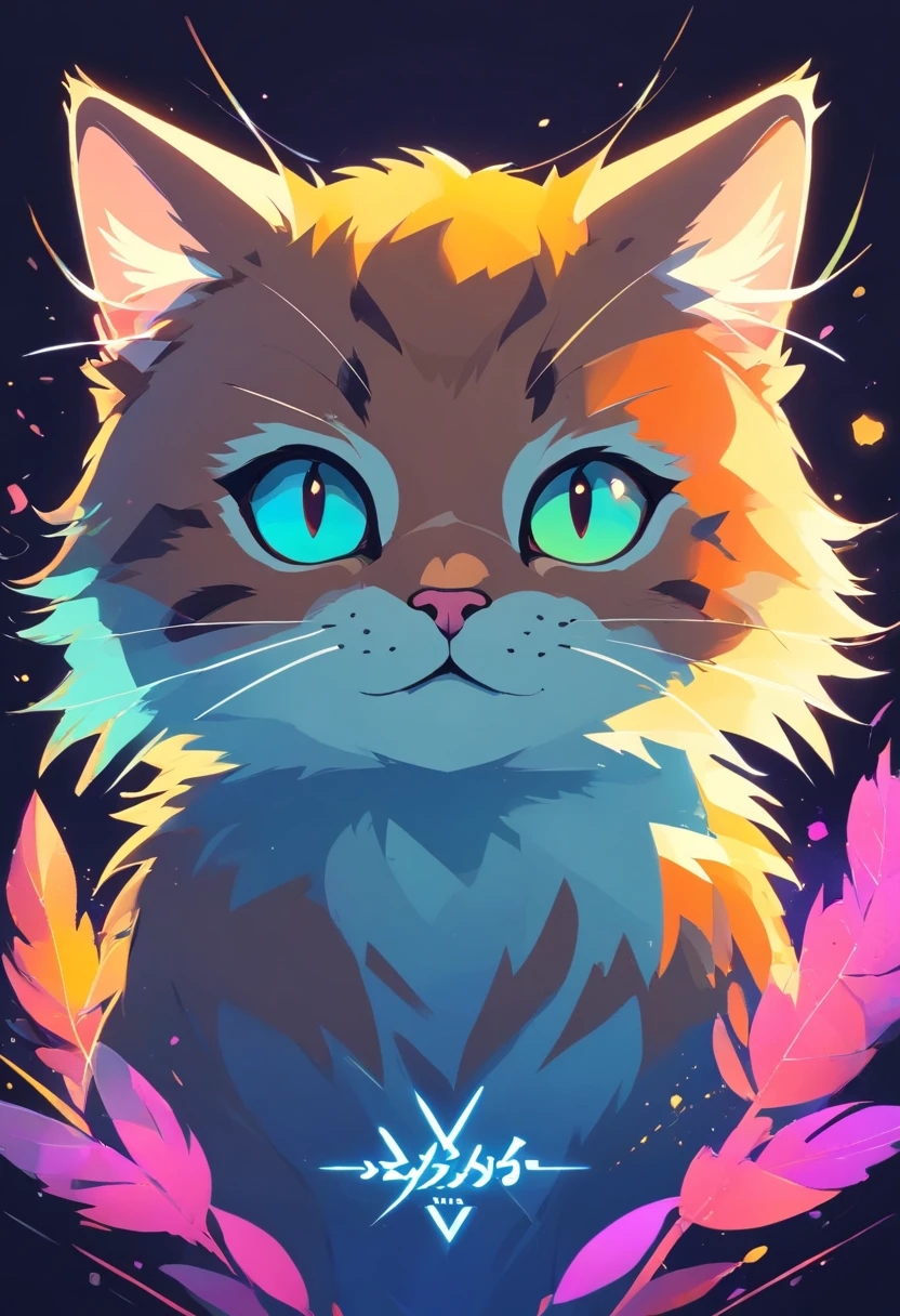 Colorful logo, Minimalist cute kitty head vector art logo illustration, front, magical, Sharp design, Soft, Monochrome color, Dark magical colorful splash paint, T-shirt design, Studio Ghibli style, Design should be vector art . Using Adobe Illustrator, create a clean, simple yet captivating logo. Keep the design focused on the cat's eye, capture its uniqueness and charm. The logo should evoke a feeling of sophistication and tranquility. The emphasis on low-poly style adds a touch of luxury. The overall aesthetic should be sleek and stylish, relevant to your brand and logo goals, black backgrounds, ((Simemeter)) It's a small cat
