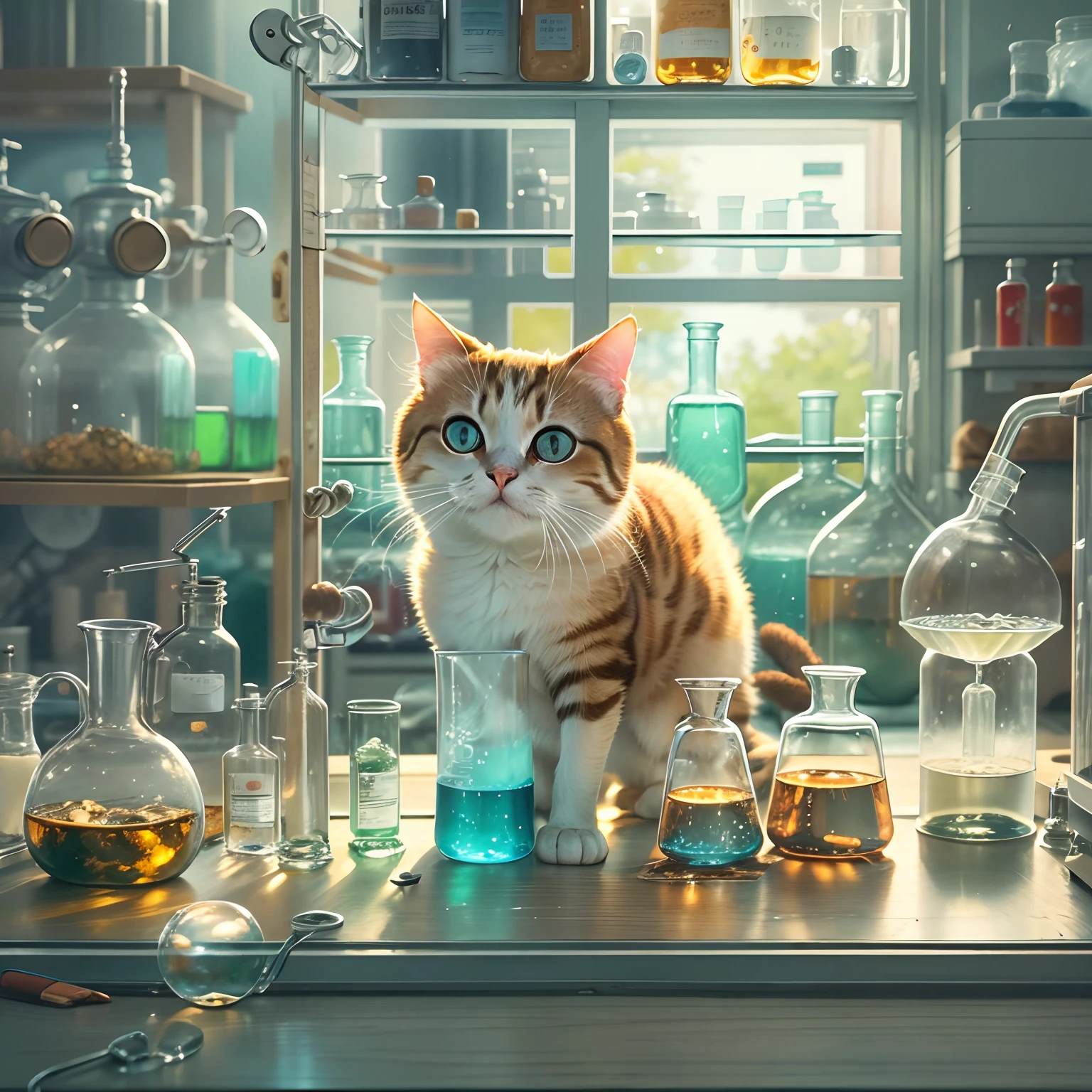 A round-eyed cat holds a round-bottom flask in a chemistry lab, There is a test tube rack on the front, The glass case has medicines, Sunlight outside the window,
