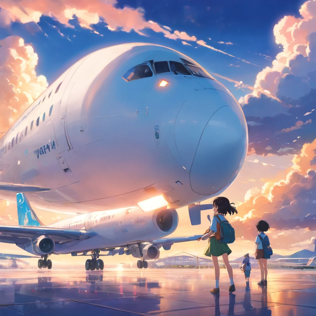 masterpiece、top-quality、Movie stills、2 girls、Cloud Girl、Looking up at the airliner、Passenger aircraft、A dark-haired、1st grade elementary school student、a smile、a closeup、发光、Happiness、Warm and soft lighting、(Spark:0.7)