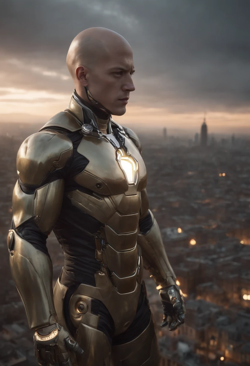 The head is《one-punch man》The protagonist of Saitama,full body shot of,The body is an iron man mech,no mask on, Not wearing a helmet,Full restore。 looking at center camera, Perfectcomposition, beautiful detailed intricate insanely detailed octane render trending on artstation, 8 k artistic photography, Arte conceptual fotorrealista, soft natural volumetric cinematic perfect light, Chiaroscuro, an award winning photograph, Masterpiece, oil on the canvas, raffael, Caravaggio, greg rutkovsky, beeple, beksinski, Giger, trending on artstationh, Sharp focus, studio photo, Intricate details, Highly detailed, night city on the background, by Greg Rutkowski