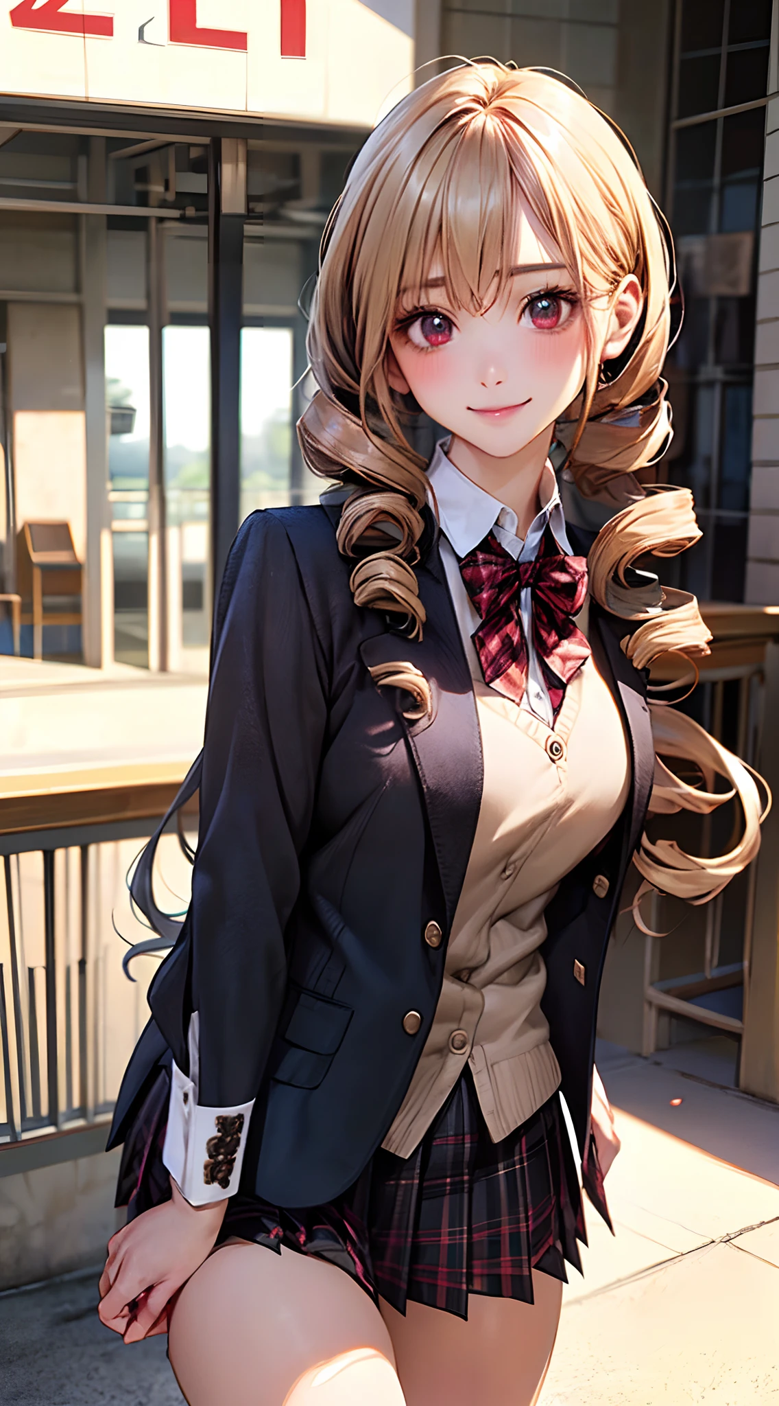 (masterpiece:1.2, top-quality), (realistic, photorealistic:1.4), beautiful illustration, NSFW,
looking at viewer, cowboy shot, front view:0.6,
1 girl, japanese, high school girl, blond hair, (long hair:1.8), (drill hair:1.7), bangs, hair between eye, red eyes, large breasts:0.8, (thick thighs),
beautiful hair, beautiful face, beautiful detailed eyes, beautiful clavicle, beautiful body, beautiful chest, beautiful thigh, beautiful legs, beautiful fingers,
(beautiful scenery), evening, school,
((maroon blazer, pleated mini skirt, socks, black private school uniform:1.2, houndstooth pleated skirt, red plaid bow tie)), pink panties,
(swollen), ((seductive posture: 1.2, attractiveness: 1.2)), (idle),
(erotic, sexy, upper eyes, smile), shiny skin,
perfect face, cute and symmetrical face, natural side lighting, movie lighting),
walking, waving,