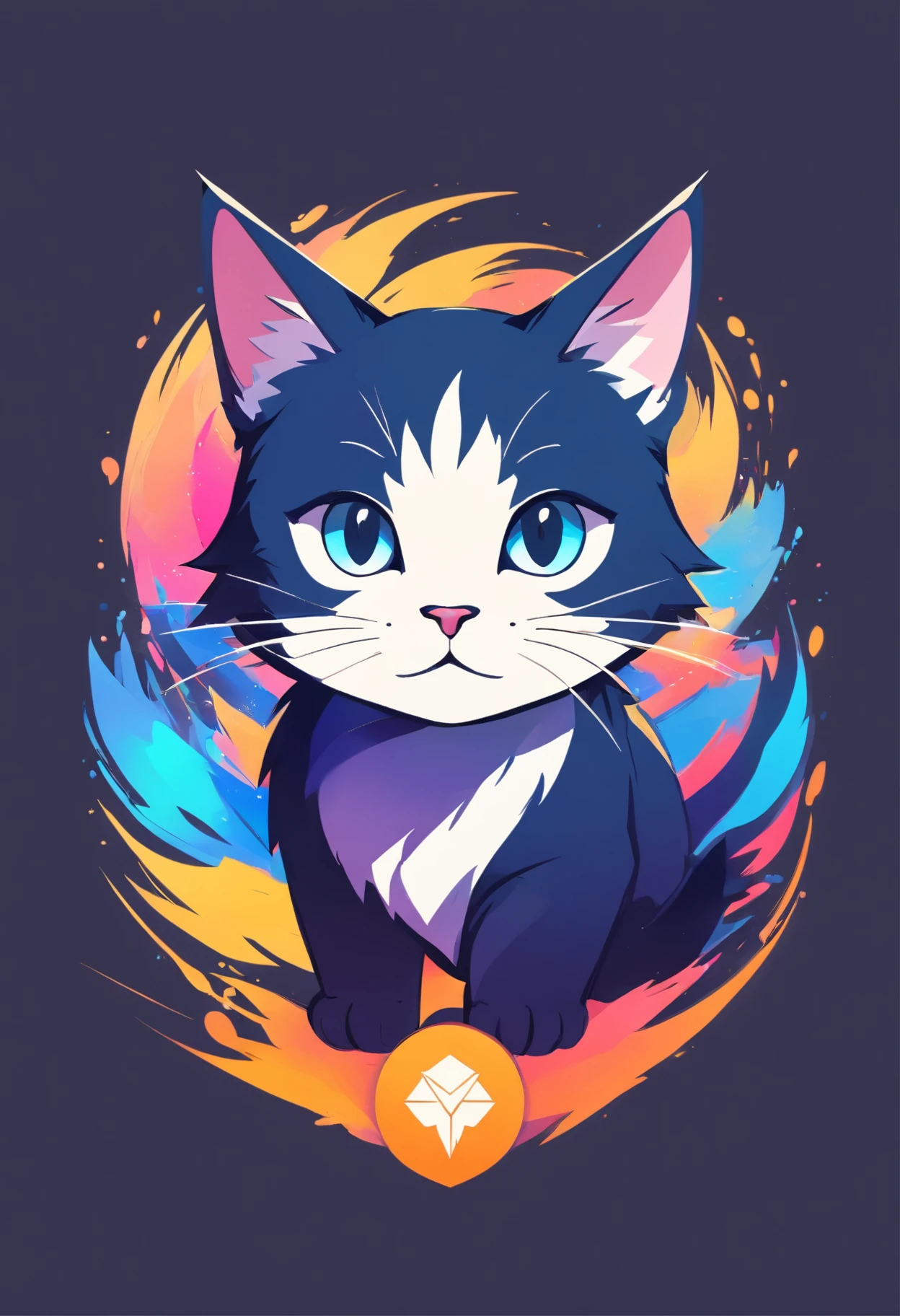 Colorful logo, Minimalist cute kitty head vector art logo illustration, front, magical, Sharp design, Soft, Monochrome color, Dark magical colorful splash paint, T-shirt design, Studio Ghibli style, Design should be vector art . Using Adobe Illustrator, create a clean, simple yet captivating logo. Keep the design focused on the cat's eye, capture its uniqueness and charm. The logo should evoke a feeling of sophistication and tranquility. The emphasis on low-poly style adds a touch of luxury. The overall aesthetic should be sleek and stylish, relevant to your brand and logo goals, black backgrounds, ((Simemeter)) It's a small cat