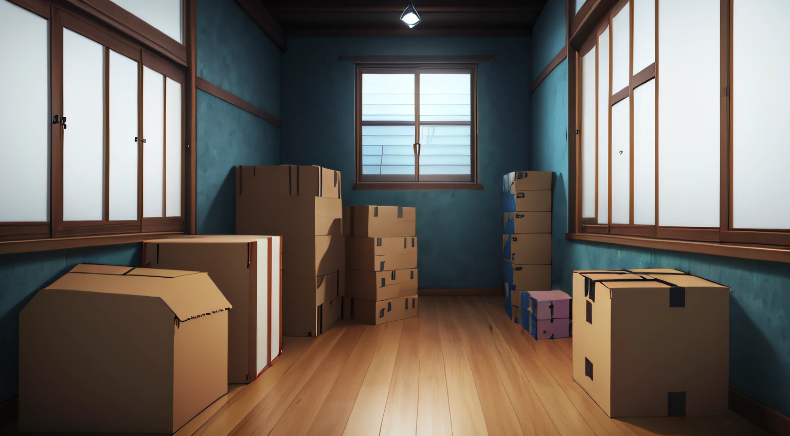 moving our, in house, during night, moonlight going through the windows, empty walls, wooden floors, people carrying boxes