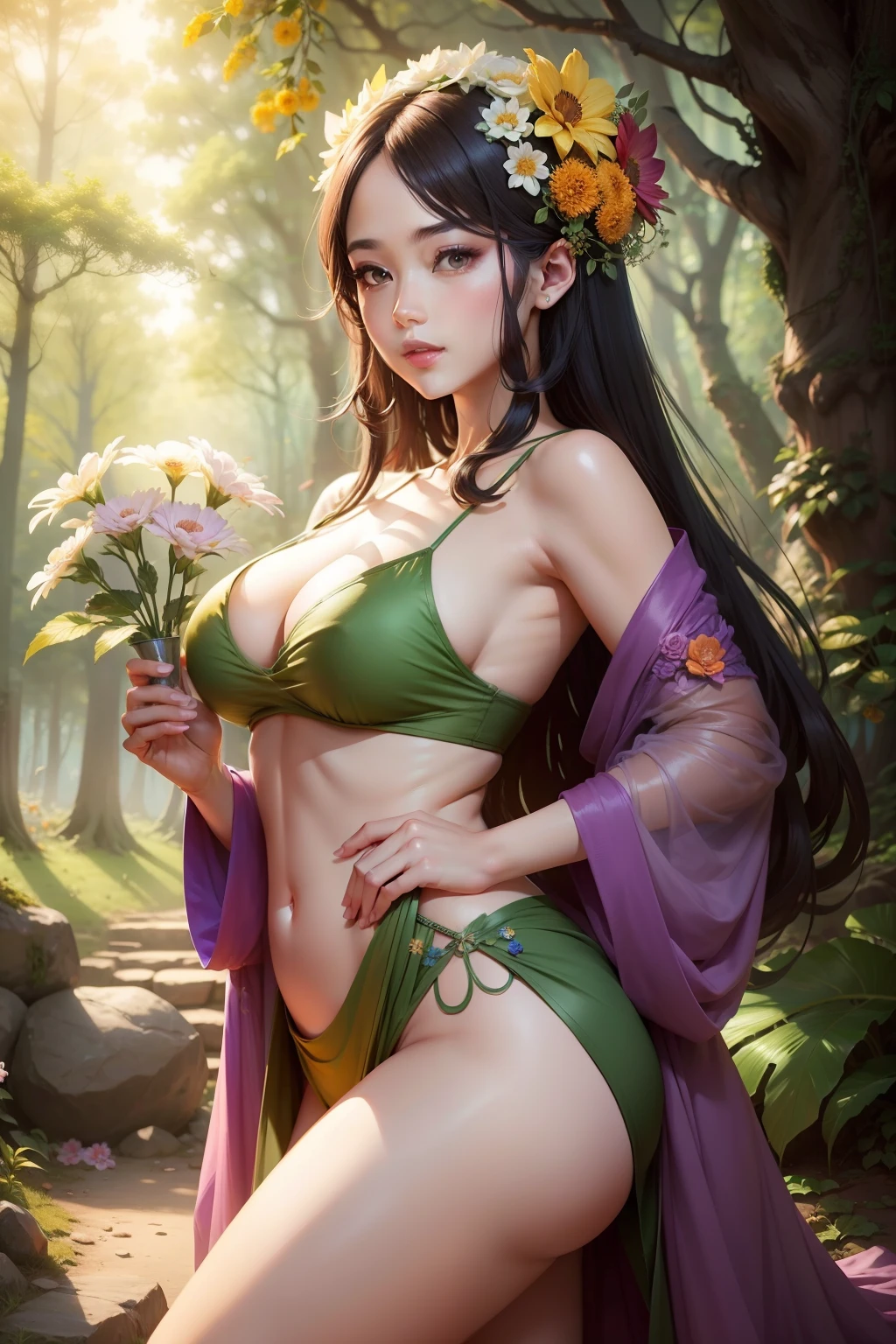 Background natural forest,God of Flowers Hot and Sexy Body Two-Dimensional Bright and Splendid Super Cute Face Rich Flower Anime Style Romanticism Perfect Face