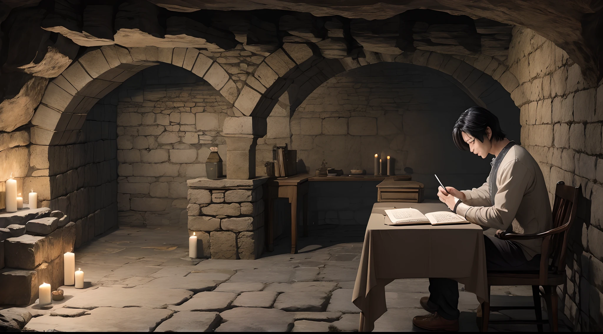 Man writing diary by candlelight,Dungeon、(realisitic:1.1)、Stone floor、Stone walls、murky、caves、masterpiece、top-quality、ighly detailed