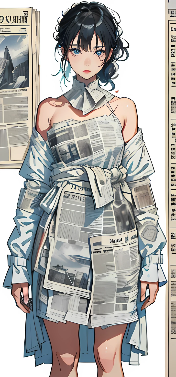 (Masterpiece, top quality, best quality, official art, Beauty and aesthetics: 1.2), (1 girl: 1.3), very detailed, colorful, most detailed ((super detailed)), (highly detailed CG illustration), (very delicate and beautiful), (from front), cinematic lights, ((1 girl)), single, complete, (newspaper-made ensemble: 1.2), ((newspaper outfits)), (newsprint attire), (unbound), (real), (papers attached to limbs ), (body newspaper covering), (real, (covered, (( sheets of newspaper attached to his body)), (lying on your back), (expressionless, (character focus), science fiction, white background, (newsprint: 1.5)