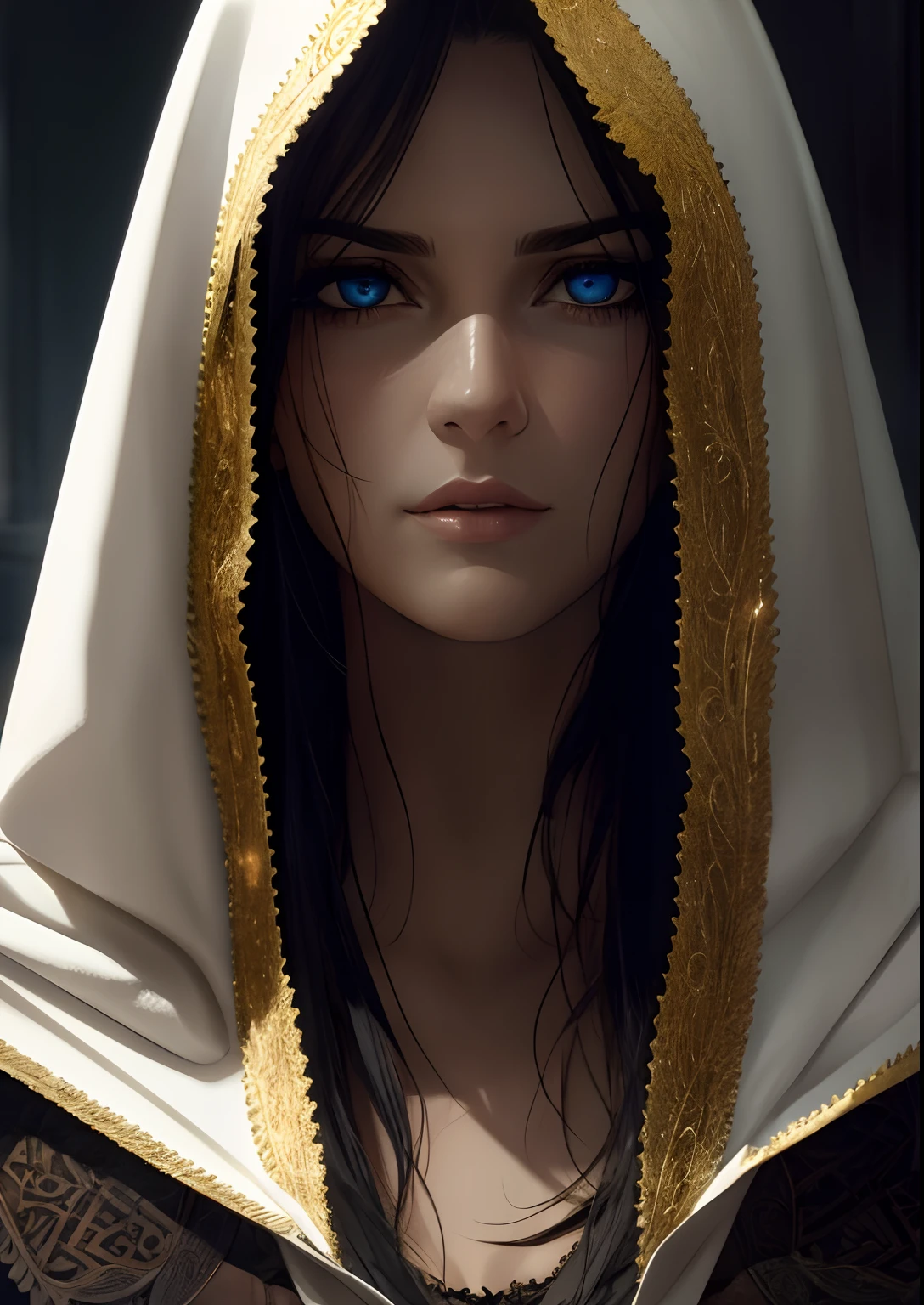 Epic close-up portrait,The woman's strong and sinister eyes,Framed with faded old outfits, Tattered white linen hood,reflecting golden sparks in the irises of the eyes,is in night,dramatic lighting,hight contrast,Highest definition,ultra-realistic realism,ultra-realistic realism,realisticlying,A high resolution,HDR photography,8K,sexy women