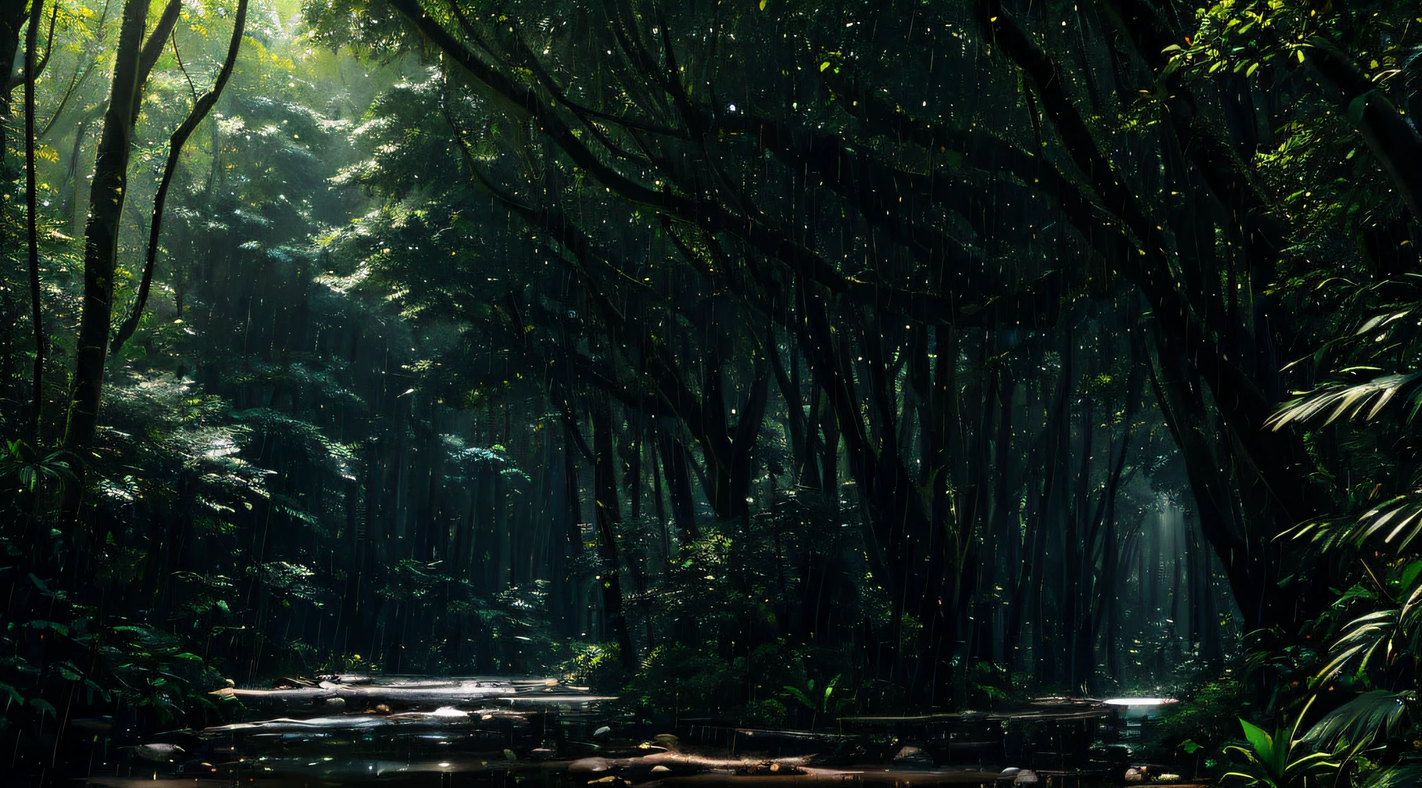 jungles、Intense rainfall、solid color、Huge wet tree々、masterpiece、top-quality、Highly elaborate CG Unity 8K wallpapers、an oil painting、awardwinning photo、Bokeh、depth of fields、HDR、Bloom、chromatic abberation、Photorealsitic、Very detailed、art stations、Trending on CGSociety、Convoluted、High Details、Dramatic、Art by Midjourney、Volumetric lighting