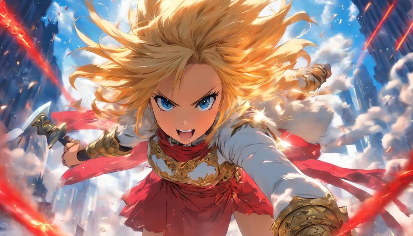 1girll, with short golden hair, crowns, arma, The sword, blue color eyes, soio, Thigh thick, looki at viewer, long white socks, armure, holding a sword, predio, borgar, with her mouth open, whitegloves, Red cover, Heaven, Short hair, Cloud, tag, exteriors, shairband, Flushed face, chest plate, Mini red dress, full bodyesbian