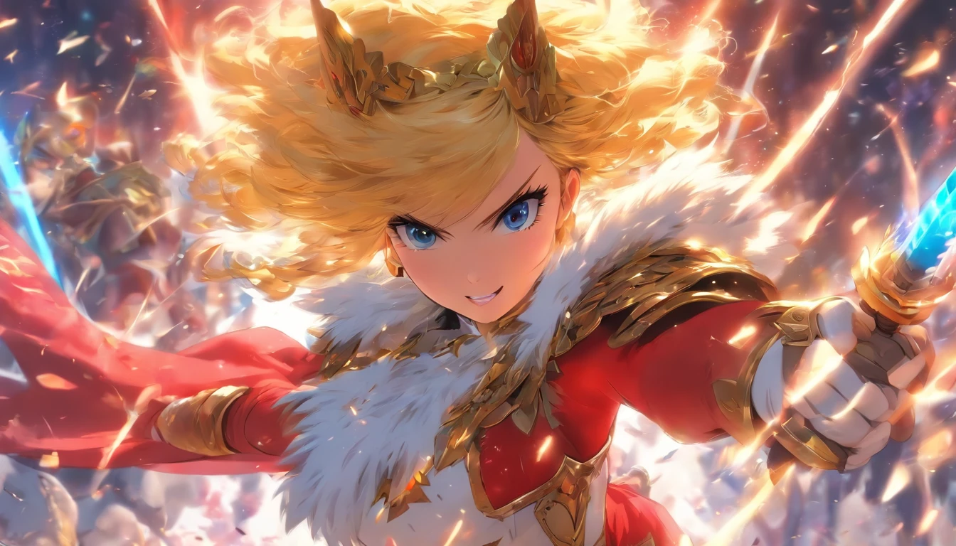 1girll, with short golden hair, crowns, arma, The sword, blue color eyes, soio, Thigh thick, looki at viewer, long white socks, armure, holding a sword, predio, borgar, with her mouth open, whitegloves, Red cover, Heaven, Short hair, Cloud, tag, exteriors, shairband, Flushed face, chest plate, Mini red dress, full bodyesbian