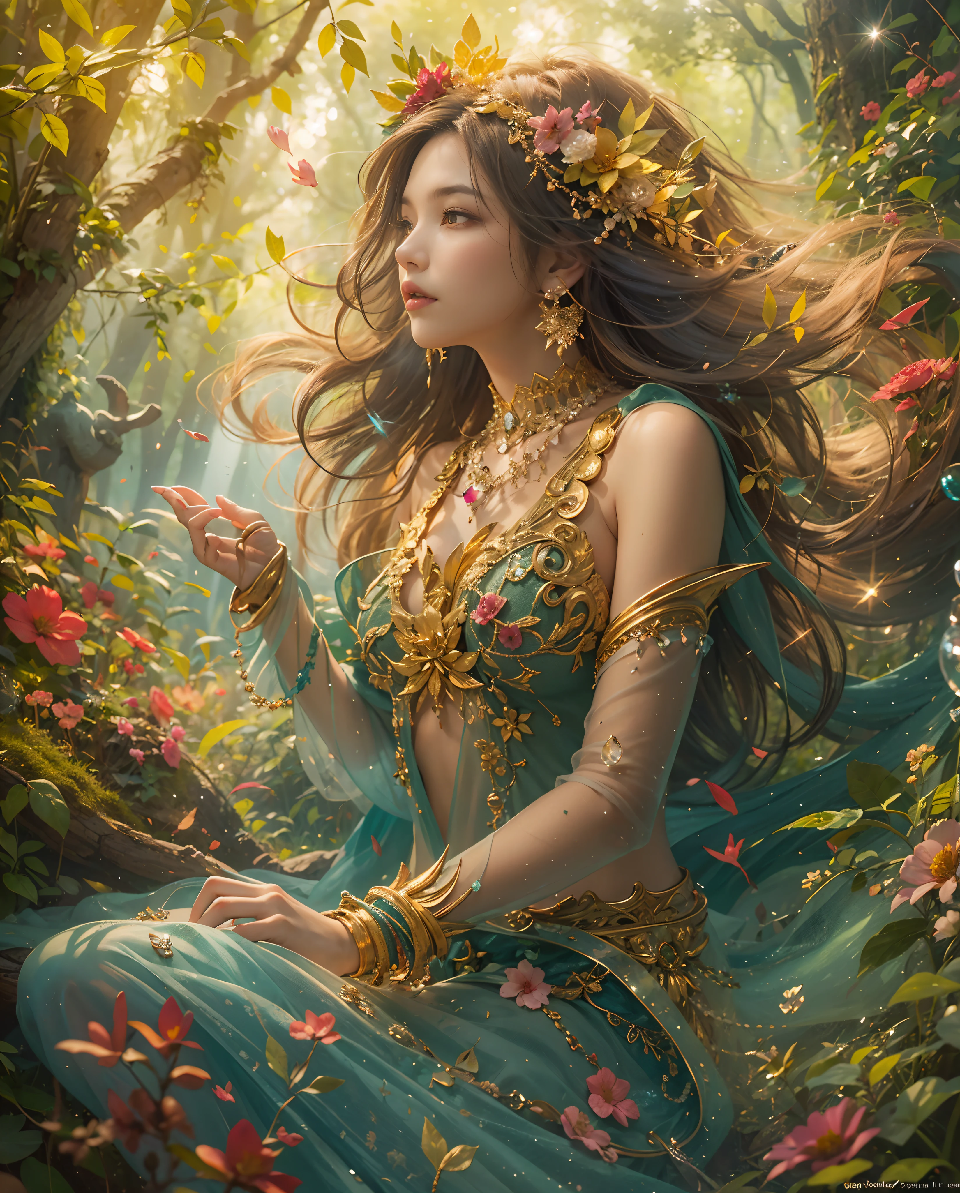 Create a captivating digital artwork showcasing the beauty of a woman surrounded by enchanting elements that play with light and color. Imagine a serene setting in a verdant forest glade, where the golden rays of sunlight filter through the leaves, casting a gentle glow upon her. Adorn her with intricate jewelry that sparkles with a magical aura, reflecting the mystical nature of her surroundings. Let her radiate an air of ethereal grace, with flowing, cascading hair that appears weightless, yet ever so vibrant. Infuse the image with a sense of wonder, as if her presence brings forth a harmonious fusion of beauty and nature's mysteries.